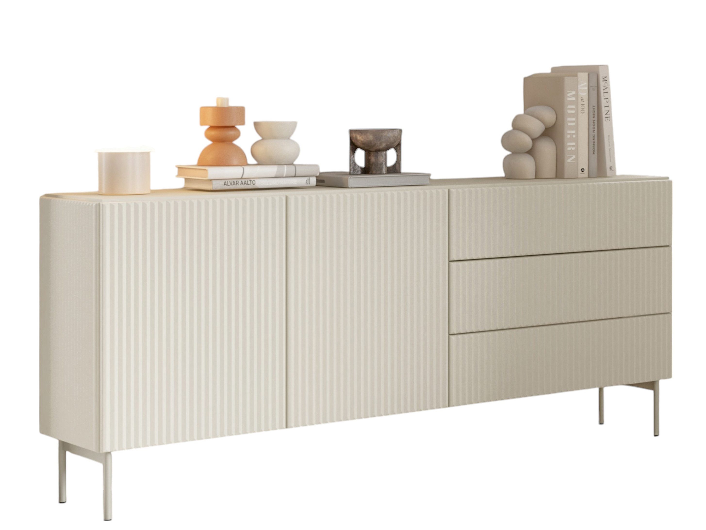 Sideboard mit 2 Türen und 3 Schubladen, Modern Kommode mit Lamellen