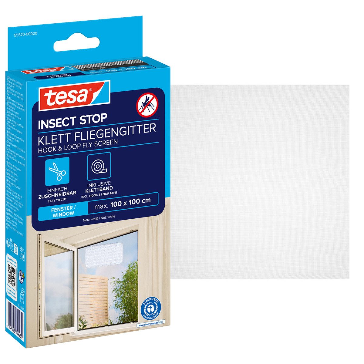 tesa Fliegengitter-Gewebe Klett Fliegengitter für Fenster - Insektenschutz, (Packung, 1-St., Fliegennetz, Klettband), Fliegen Netz - 100 cm x 100 cm