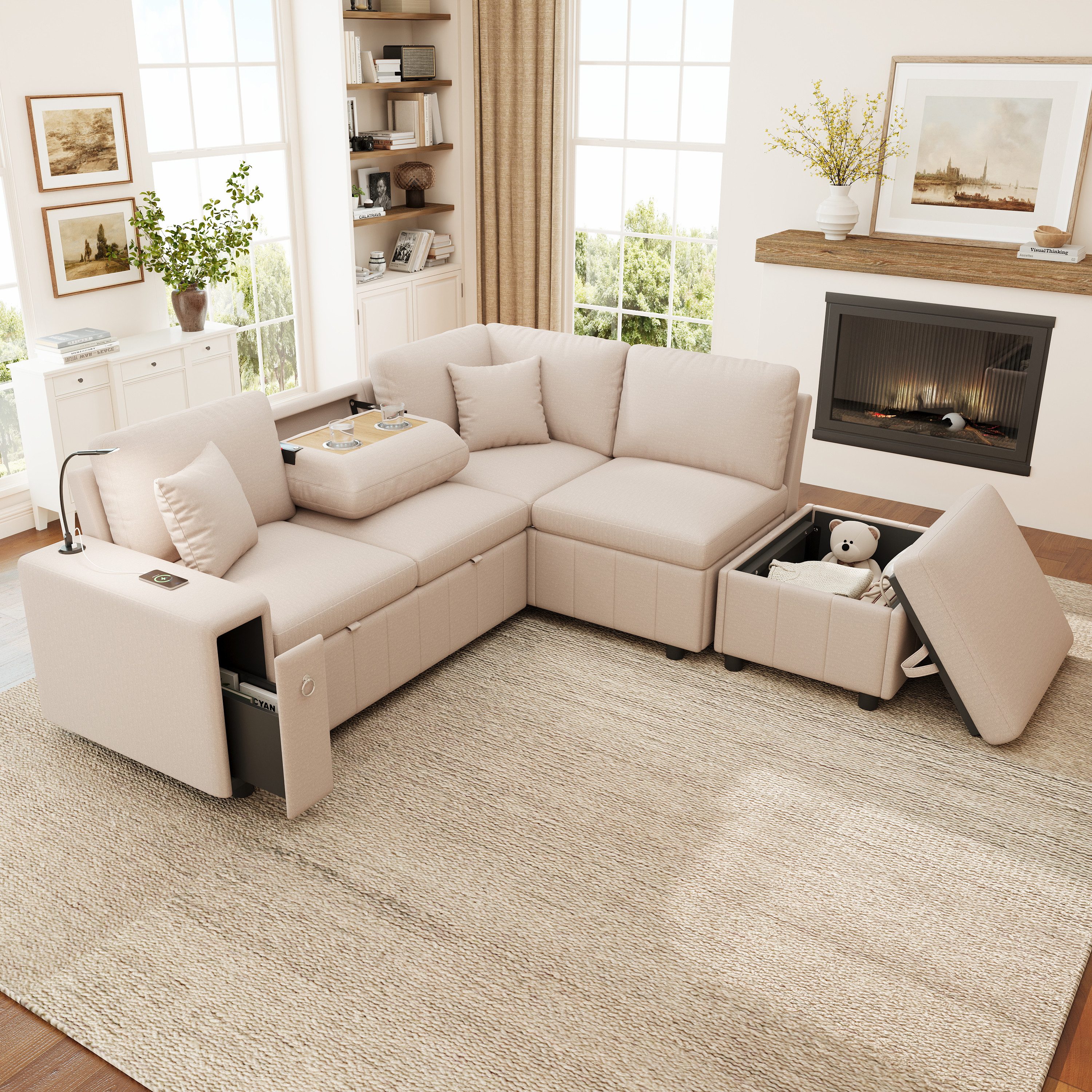 Merax Schlafsofa Ecksofa L-Form Sofa, 5-Sitzer Sofa mit Schlaffunktion, 1 Teile, Ausziehbares Sofa mit Hocker, Leselicht, Stauraum, USB, Type-C, Leinen