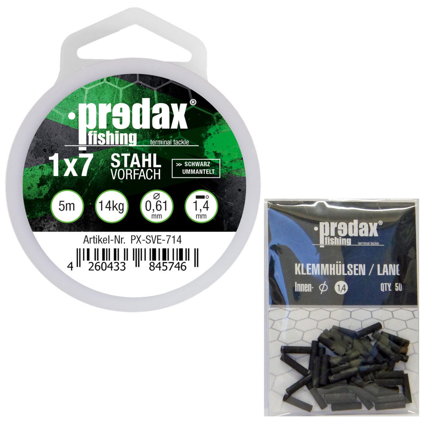 Vorfachschnur Predax Stahlvorfach 1x7 schwarz 5m 14kg + 50 Klemmhülsen 1,4mm - Set