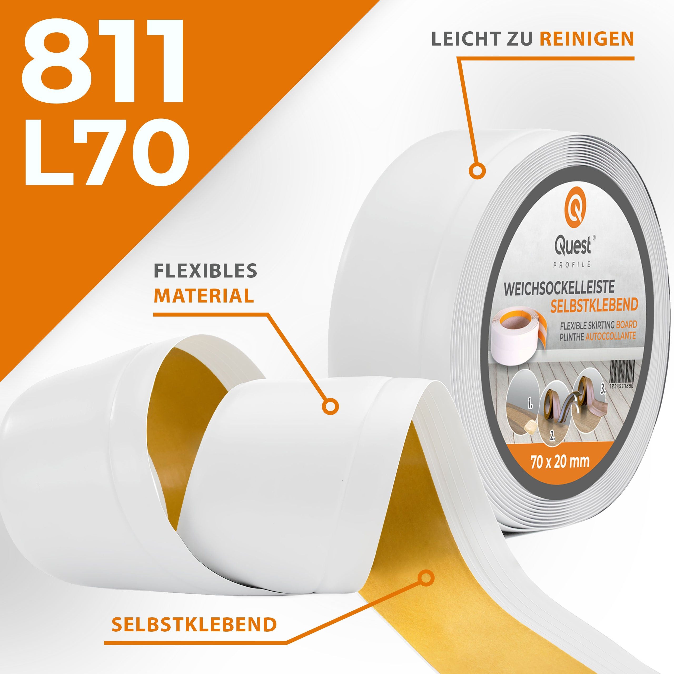 Quest Sockelleiste Weichsockelleiste Selbstklebend Knickleiste 70x20 mm, L: 100,00 cm, H: 7,00 cm, Packung, 1-St., wasserfest, UV-beständig, für Küche & Bad – Bild 2 von 5