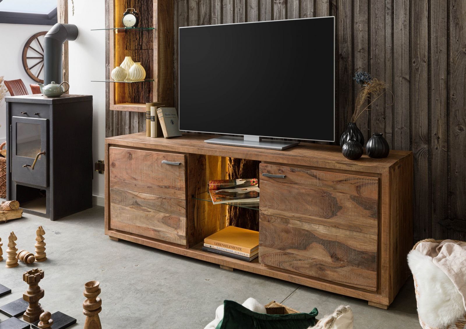 Massivmoebel24 TV-Board BARK (Massivholz), TV-Board Akazie 175x40x63 natur lackiert BARK #111