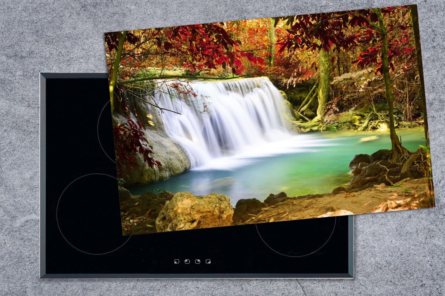 MuchoWow Herdblende-/Abdeckplatte Herbst küche, tlg), Wasserfall (1 Natur, - Vinyl, Induktionskochfeld cm, Schutz 80x52 - für Ceranfeldabdeckung die