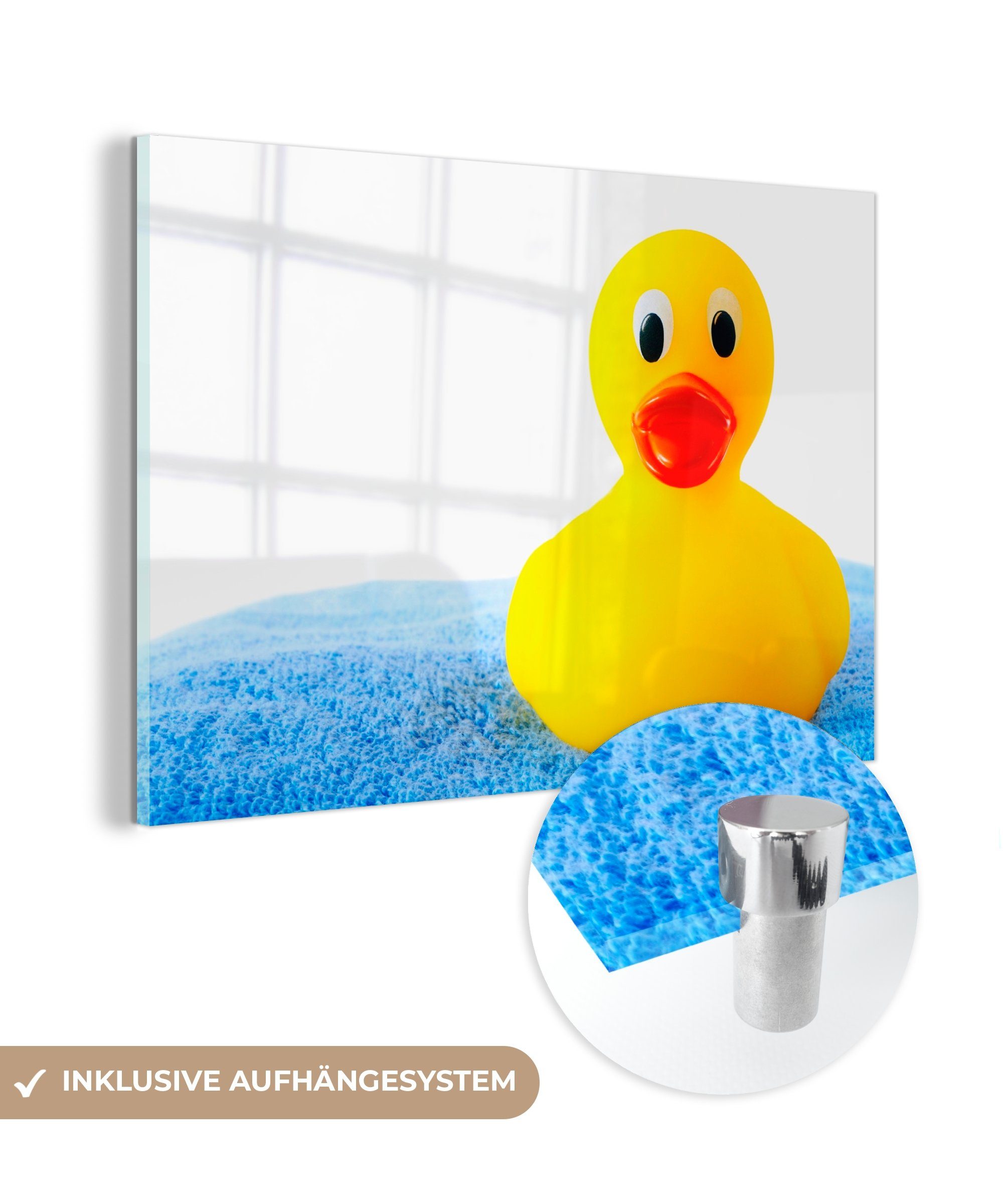 MuchoWow Acrylglasbild Gelbe Ente auf blauem Handtuch, (1 St), Acrylglasbilder Wohnzimmer & Schlafzimmer