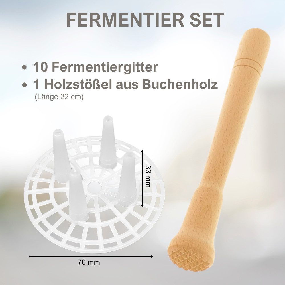 mikken Fermentationsdeckel Fermentier - Set - 10 Fermentier-Gitter + Holzstößel, (Fermentier-Set), wiederverwendbar