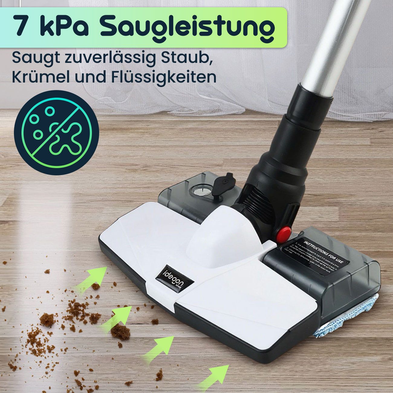 shop'n smile ideoon Akku-Handstaubsauger 2in1-Akku Staubsauger 9W Nass-&Trockensauger 7kPa beutel-&kabellos, 9 W, beutellos, Hand-&Bodensauger HEPA-Filter 2.200 mAh Li-Ion-Akku 20 Min Laufzeit