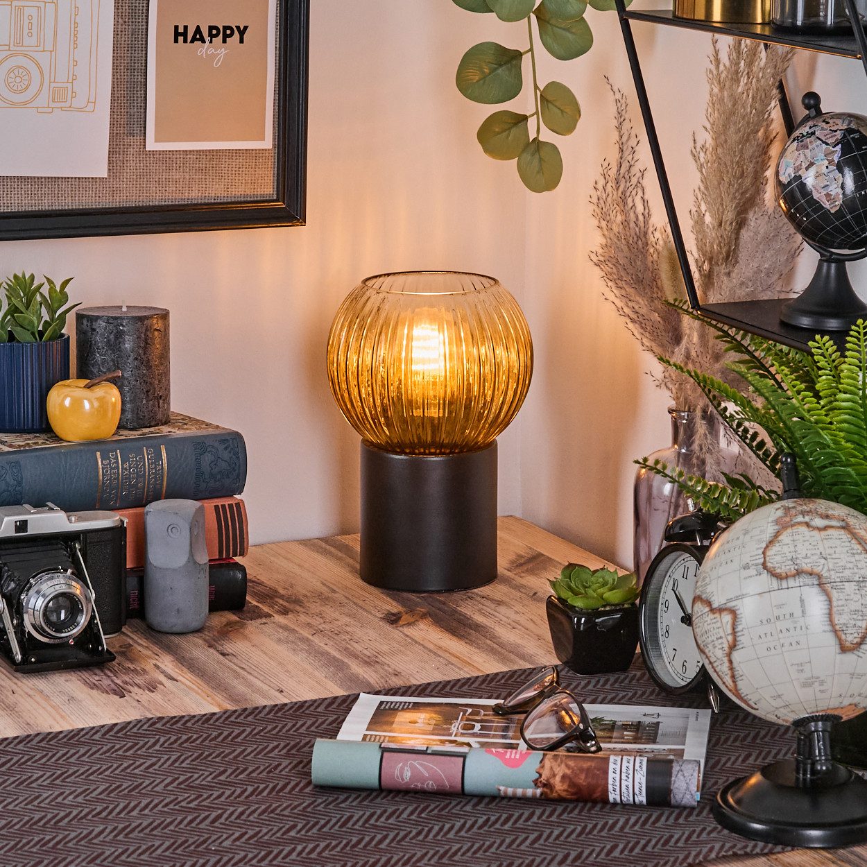 hofstein Tischleuchte Tischlampe aus Metall/Riffelglas in Schwarz/Goldfarben/Klar, ohne Leuchtmittel, Leuchte im Retro/Vintage-Design mit Glasschirm (15 cm), 1 x E14