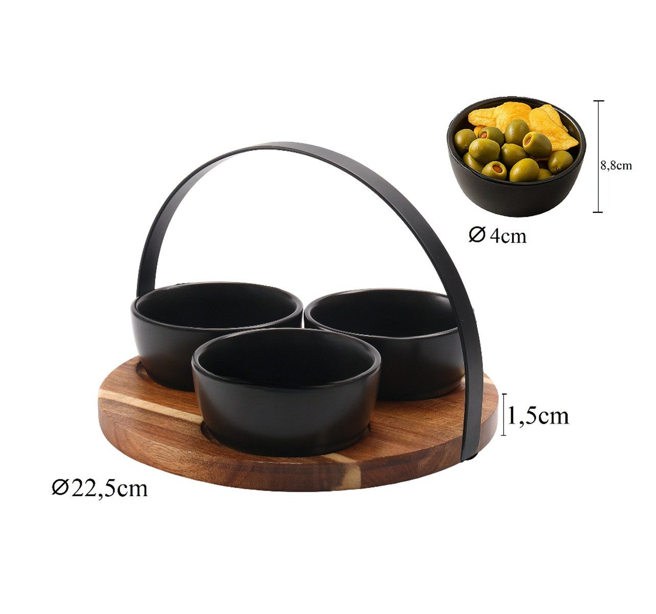 Cheffinger Servier-Set 4-tlg. Servierset mit 3 Schalen auf Bambus-Holztablett mit Griff, Keramik, Bambus, (4-tlg)