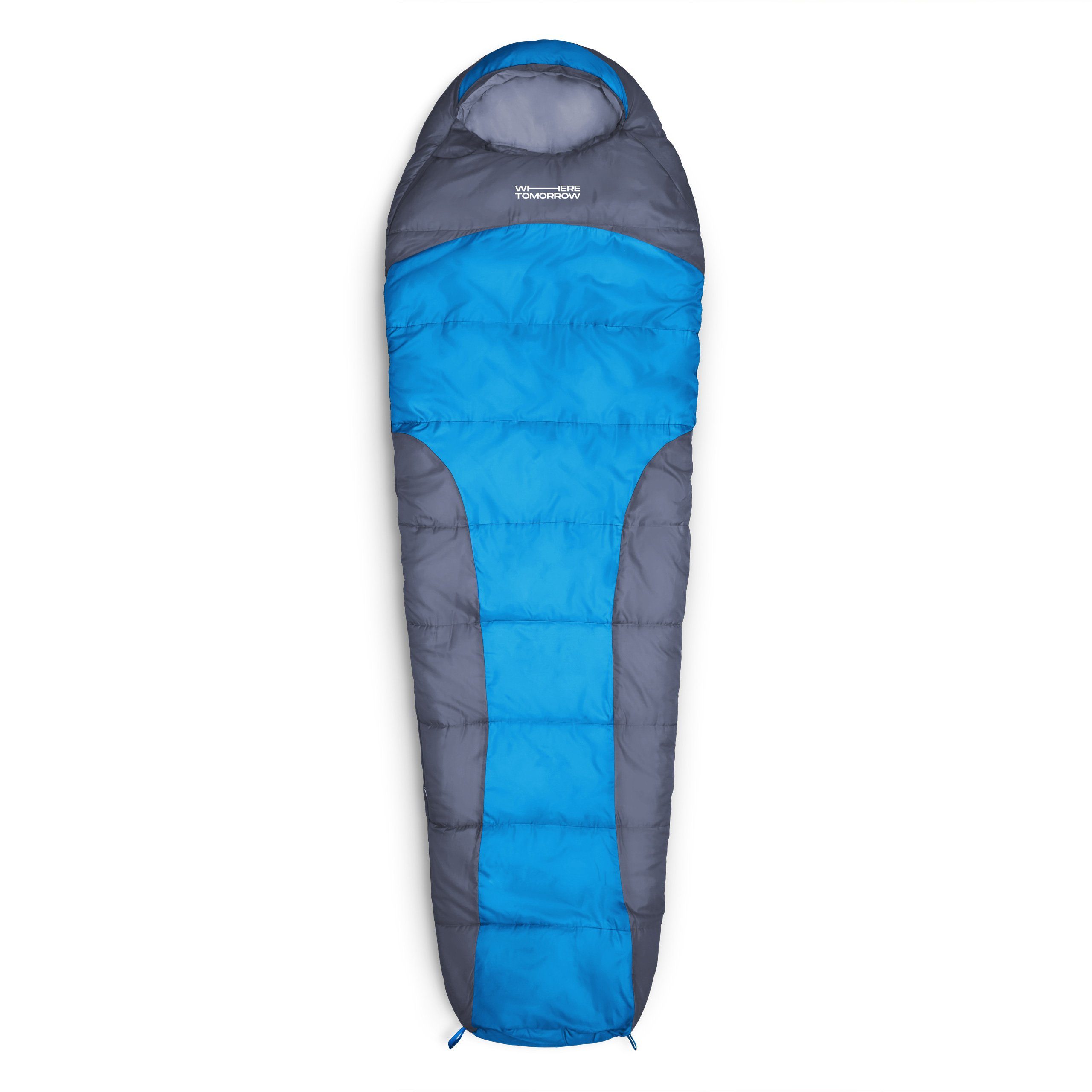 Lumaland Mumienschlafsack Where Tomorrow Camping Schlafsack mit Tasche, wasserabweisend Wärmekragen atmungsaktiv 230x80x55 blau
