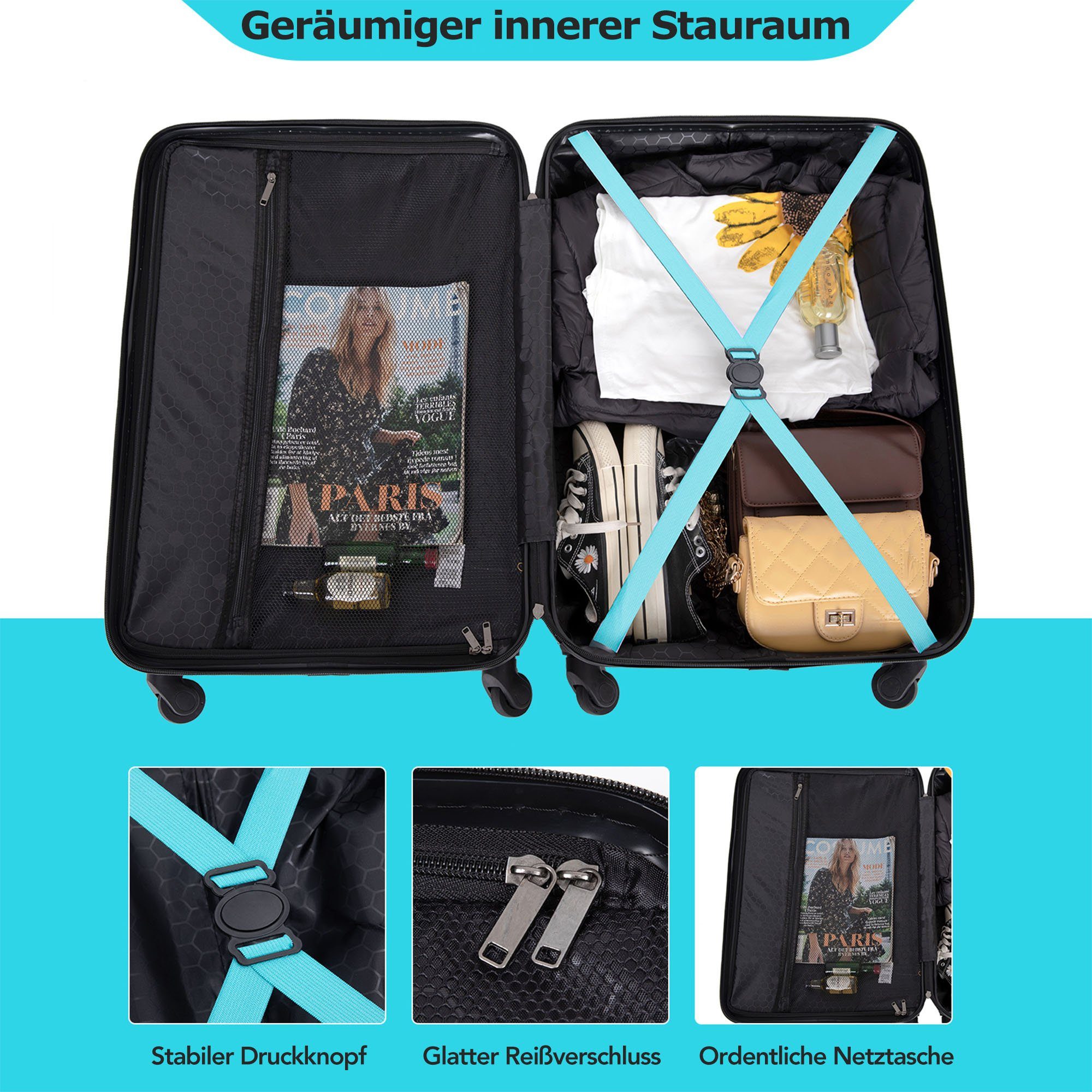 Flieks Hartschalen-Trolley, 4 Rollen, Koffer Handgepäcktrolley Reisekoffer, ABS-Material, TSA-Schloss