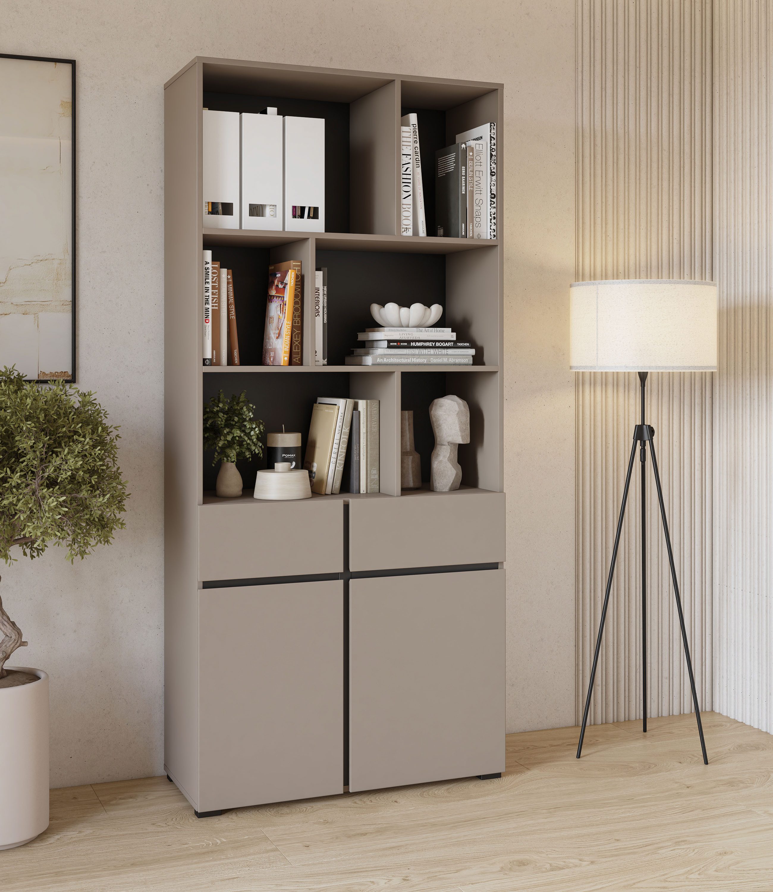 OTTO home Aktenschrank Cross, Breite 85 cm, modernem grifflose Standregal, Bücherregal Standregal mit 6 offene Fächern, 2 Schubladen und 2 Türen, Büroregal – Bild 2 von 5
