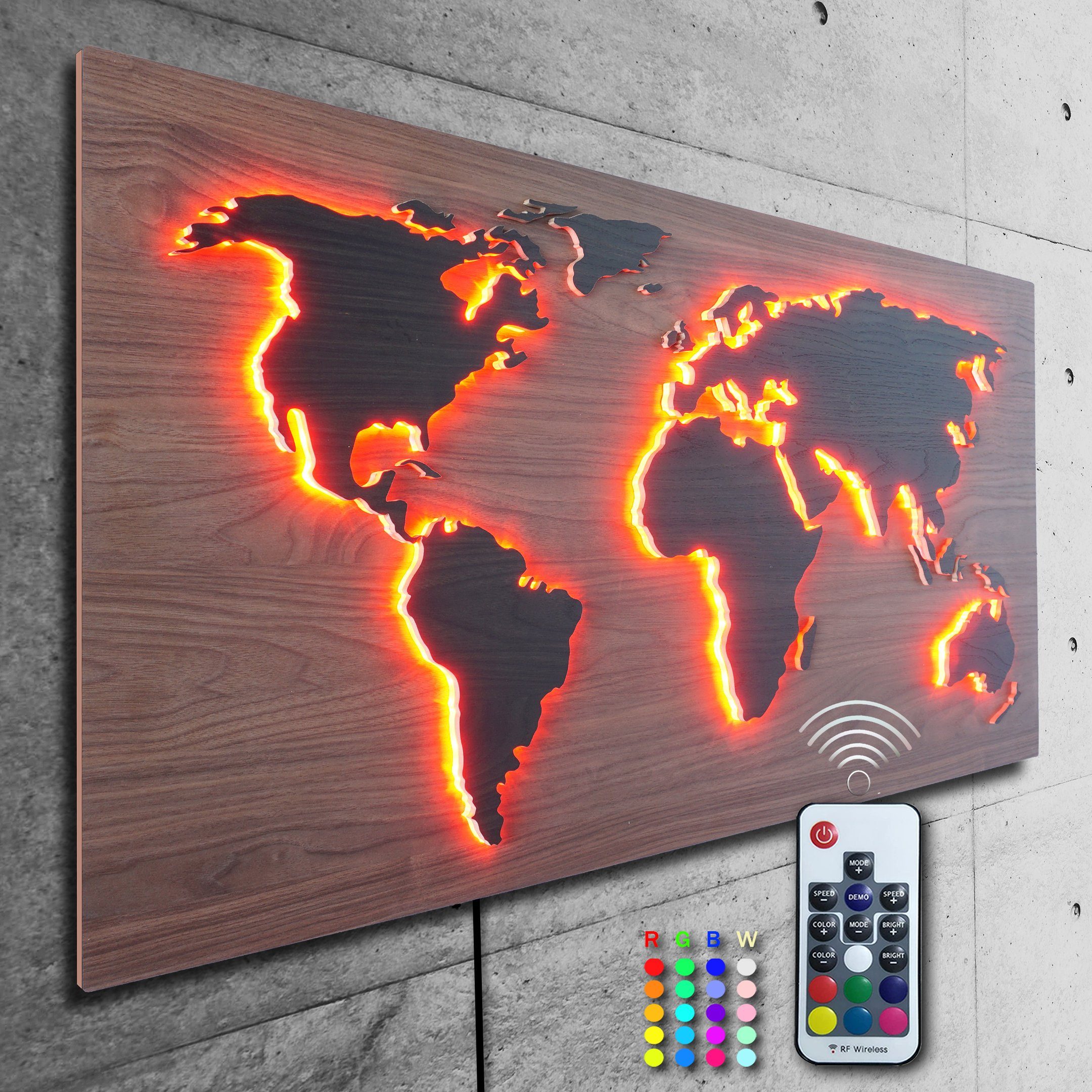 ZENLED Wanddekoobjekt Weltkarte MAPPA Schwarz 3D-Lichtbild, LEDs Walnuss LUX umleuchtet bunt 110x57cm Walnuss über RGB Braun, Deko HOLZ-Optik mit Rückplatte Länder - Rustikale steuerbaren Fernbedienung Kontinente