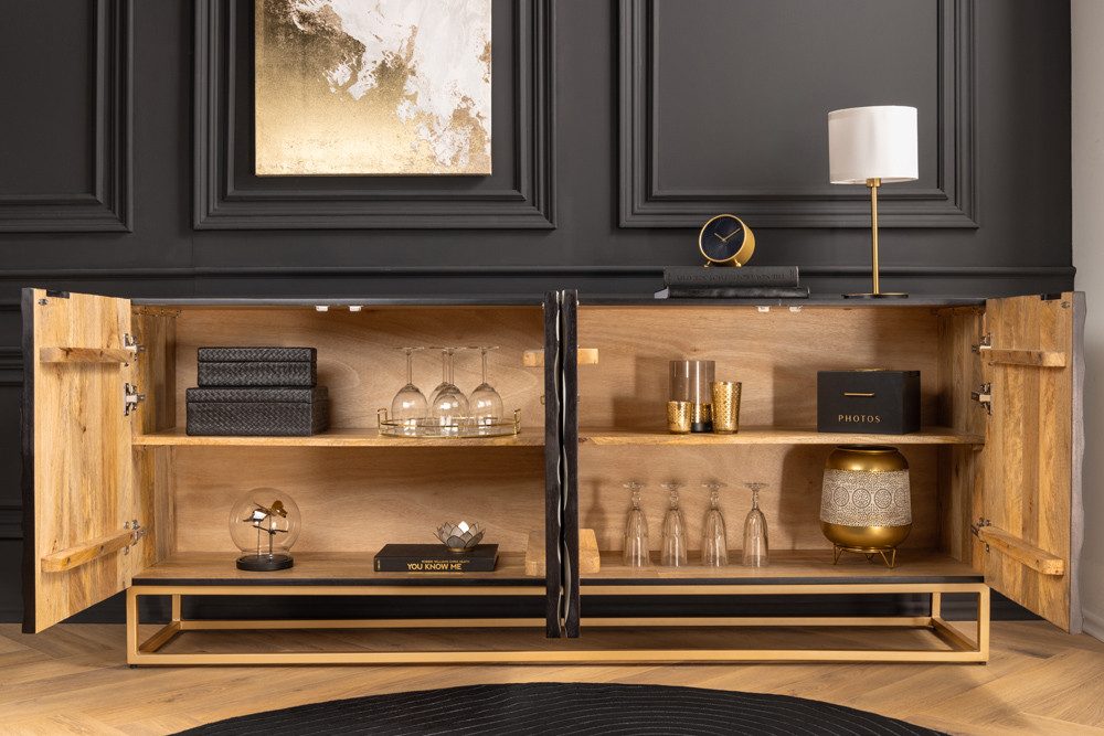 riess-ambiente Sideboard VULCANO 180cm weiß / schwarz / gold (Einzelartikel, 1 St), Wohnzimmer · Massivholz · Metall · Anrichte · 3D-Front · Modern Design