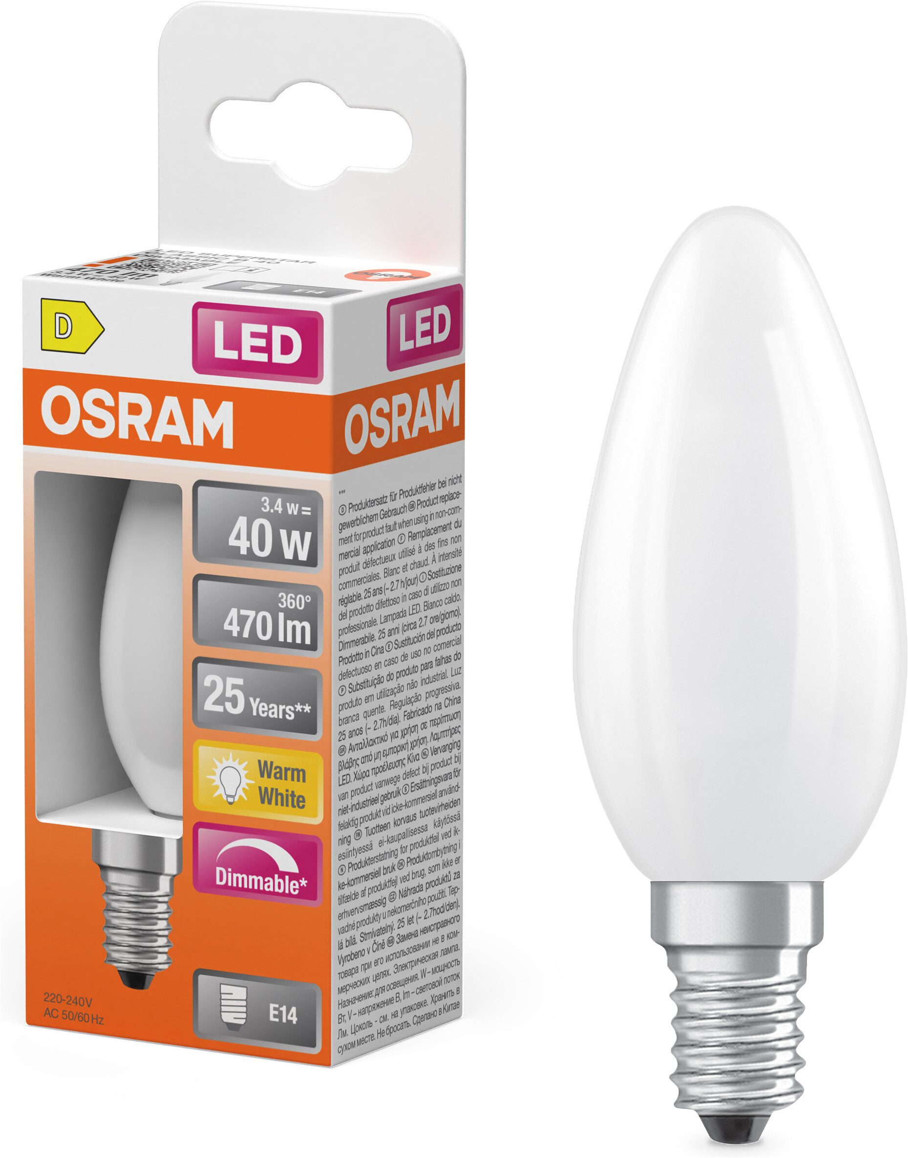 Osram LED-Leuchtmittel LED Retrofit CLASSIC Kerzenform, E14, 1 St., Warmweiß