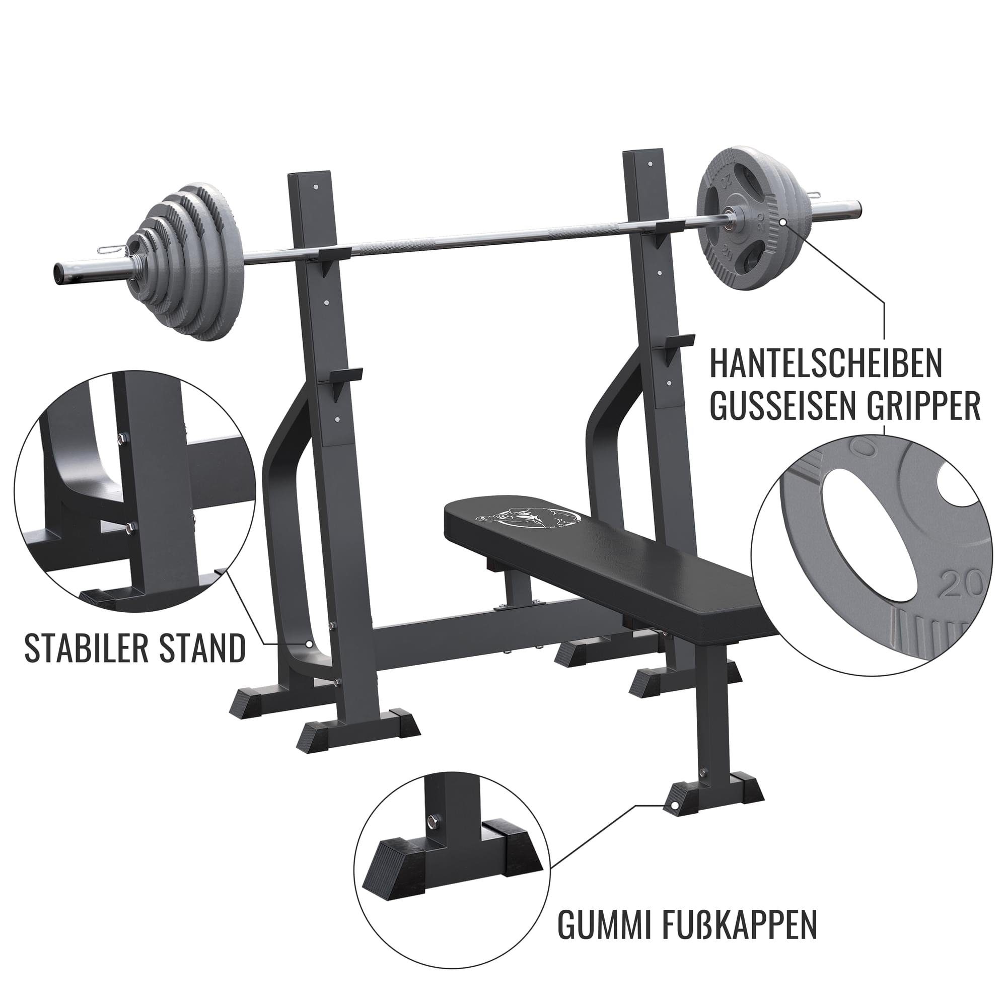 GORILLA SPORTS Hantel-Set Hantelbank mit 2 Ablagen inkl. Langhantel Set Olympia 130 kg