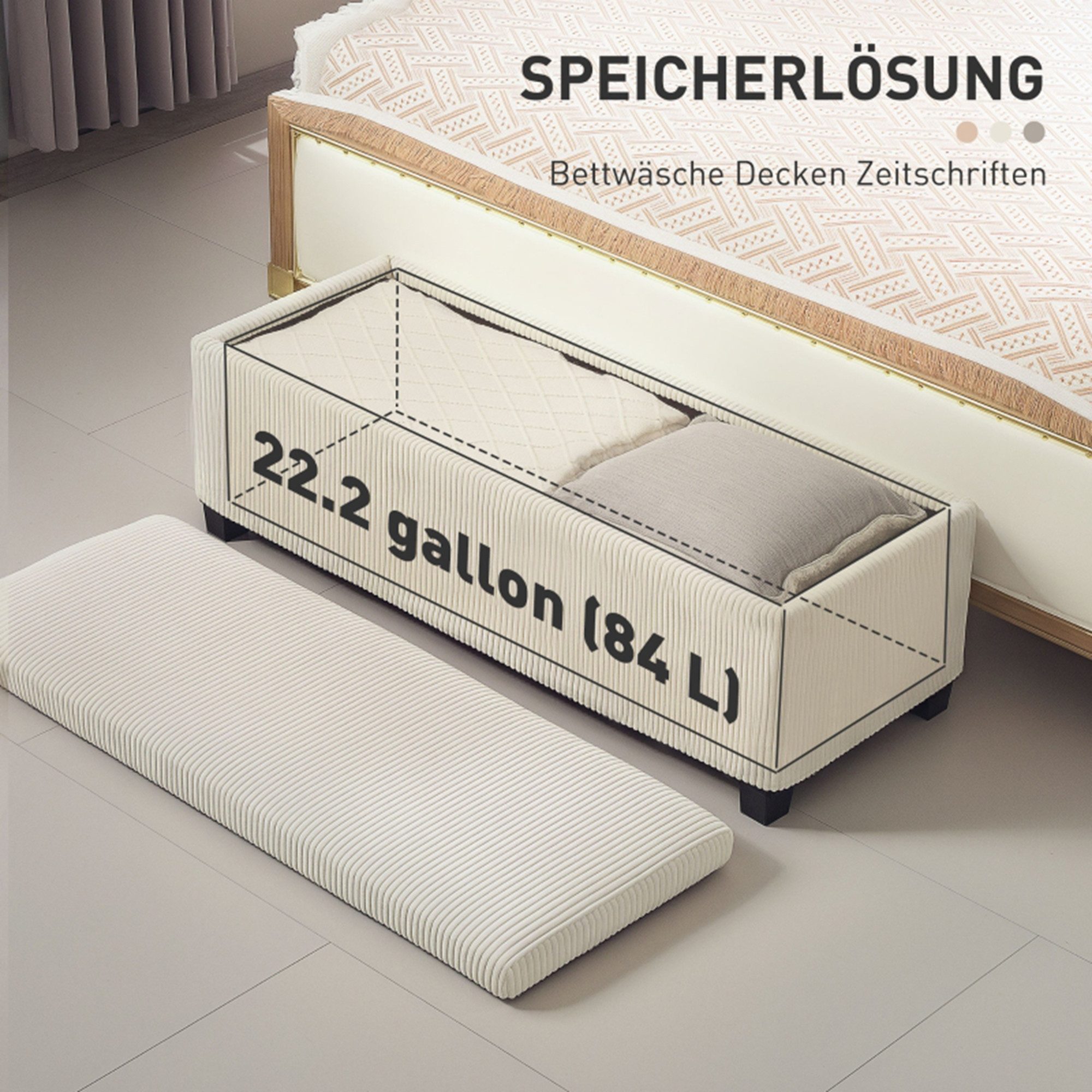 MC Star Sitzbank mit Stauraum Polsterbank mit Cord-Optik, Sitztruhe mit Stahlbeine (Truhenbank für Wohnzimmer, Schlafzimmer, Flur 112 x 42 x 40 cm, Beige)