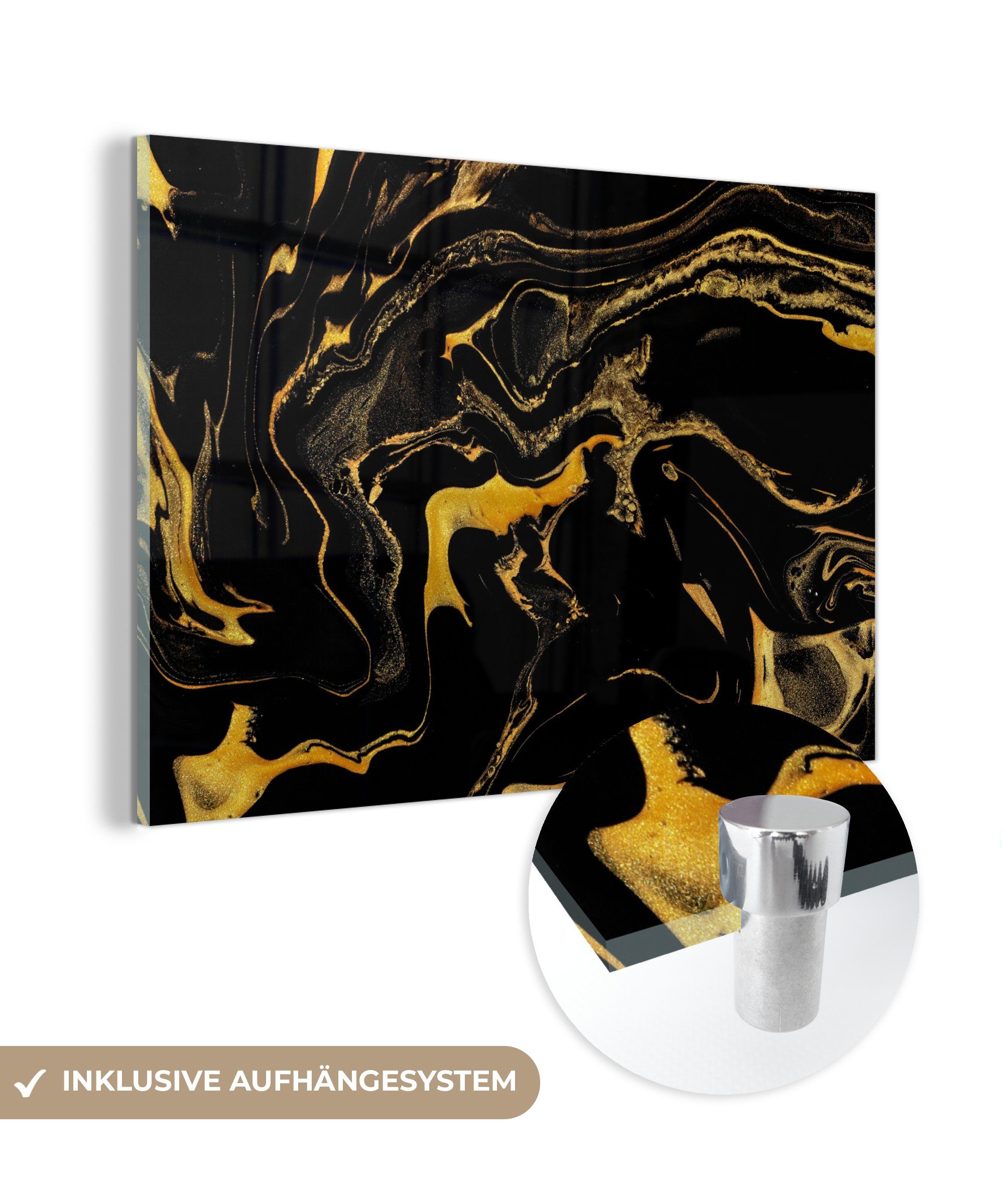 MuchoWow Acrylglasbild Muster - Gold - Schwarz, (1 St), Glasbilder - Bilder auf Glas Wandbild - Foto auf Glas - Wanddekoration | Bilder