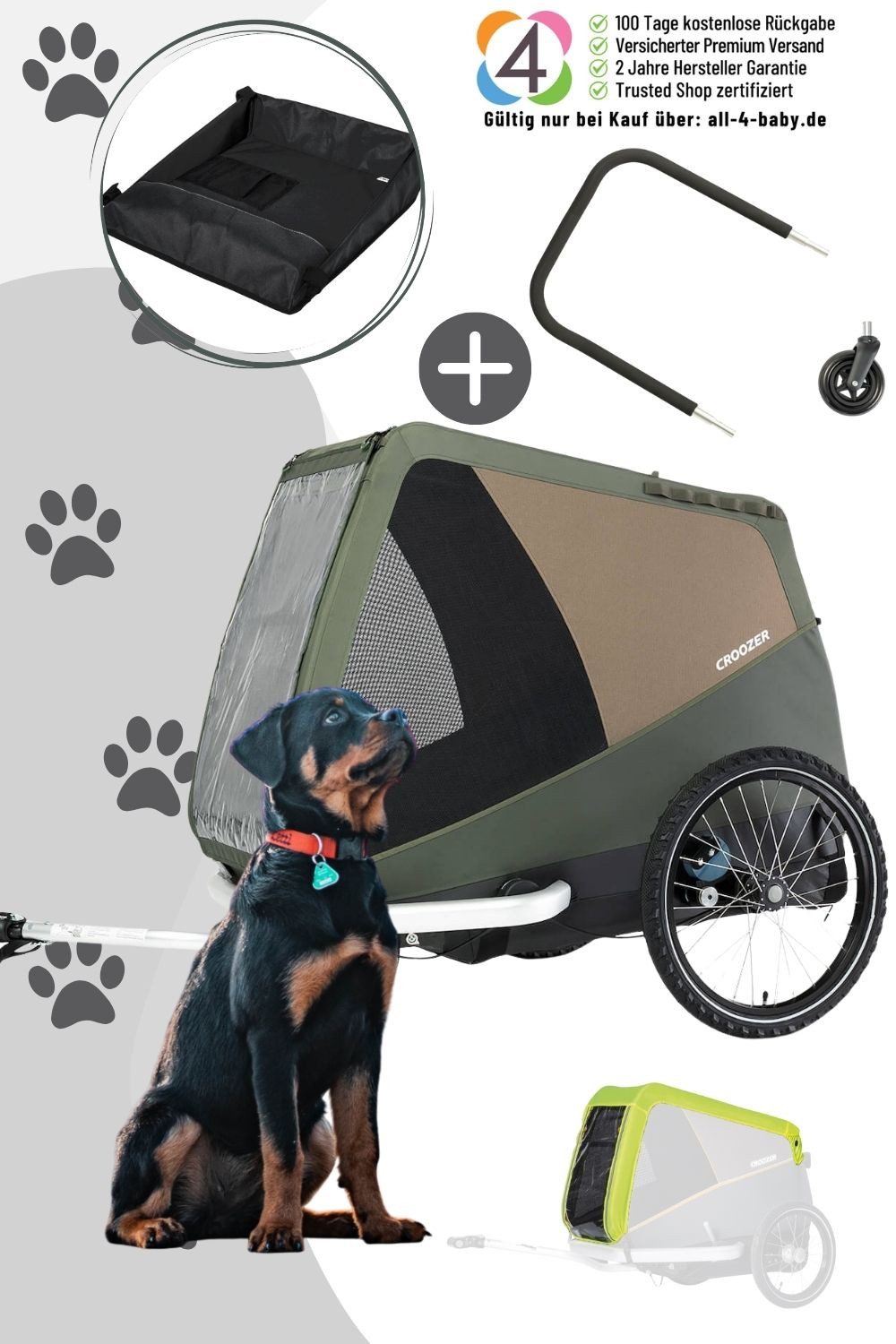 Croozer Fahrradhundeanhänger Dog Tammo Happy Walk Bundle (Regenverdeck, Packfach, Buggy-Set), Für Hunde bis 45 kg
