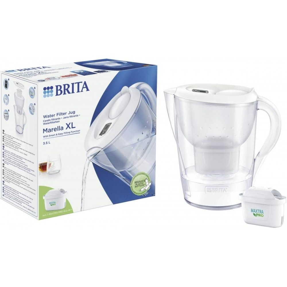 BRITA Wasserfilter Brita Marella XL Weiß Wasserfilterkanne, Zubehör für Für Brita Maxtra+, BPA-frei und spülmaschinenfest