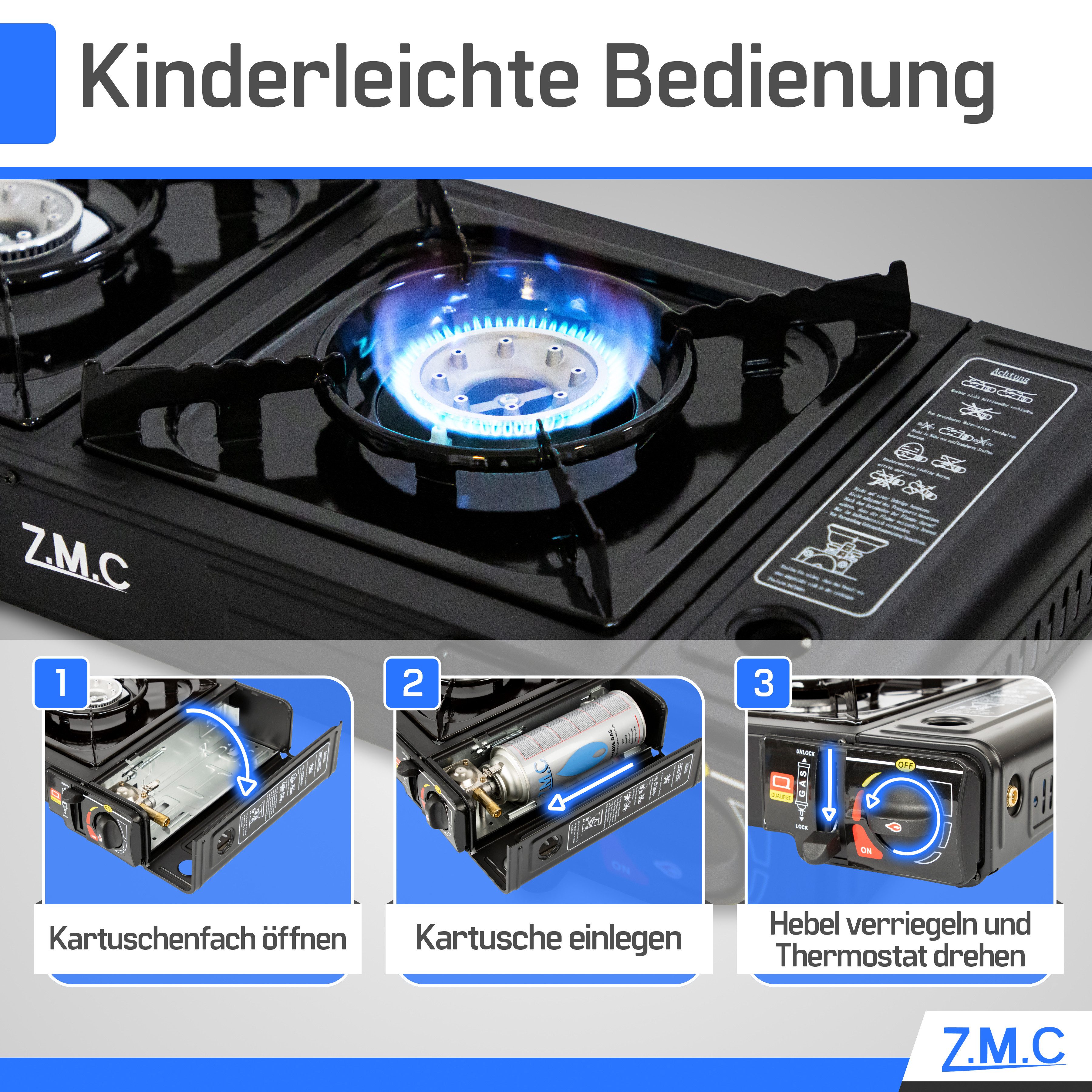 ZMC Gaskocher Doppel Campingkocher Gaskocher 2 Flammig + Gaskartuschen 227g, (mit automatische Piezo-Zündung Wärmeleistung: 2,3KW, inkl. Adapter für LPG Anschluss), Outdoor Kartuschenkocher 2Fach Gasherd Ofen Butan Kochfeld Gas Kocher