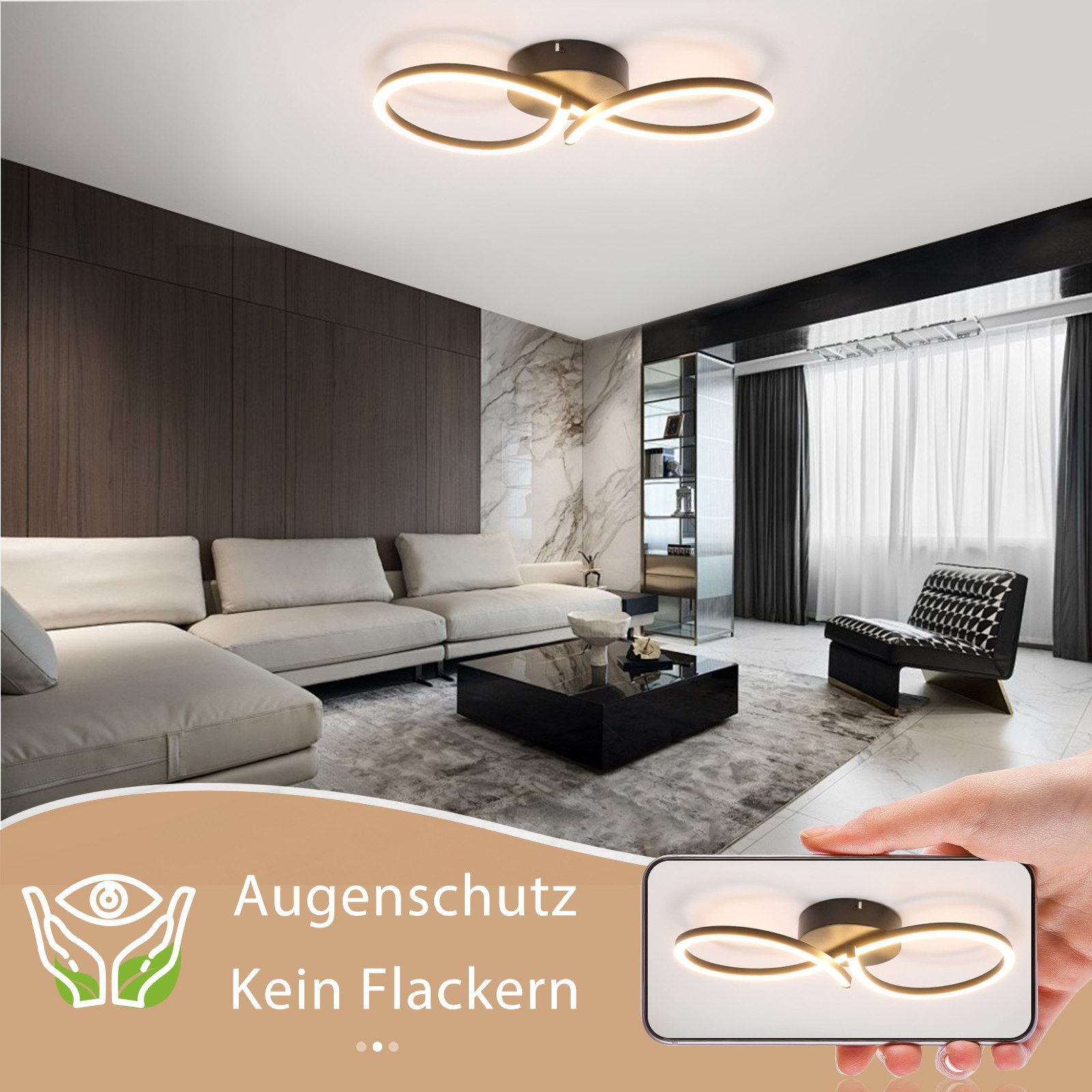 ZMH LED Deckenleuchte Innen 8-förmiges Design, 3000 K, LED fest integriert, Warmweiß, für Wohnzimmer Schlafzimmer Küche Flur – Bild 5 von 5