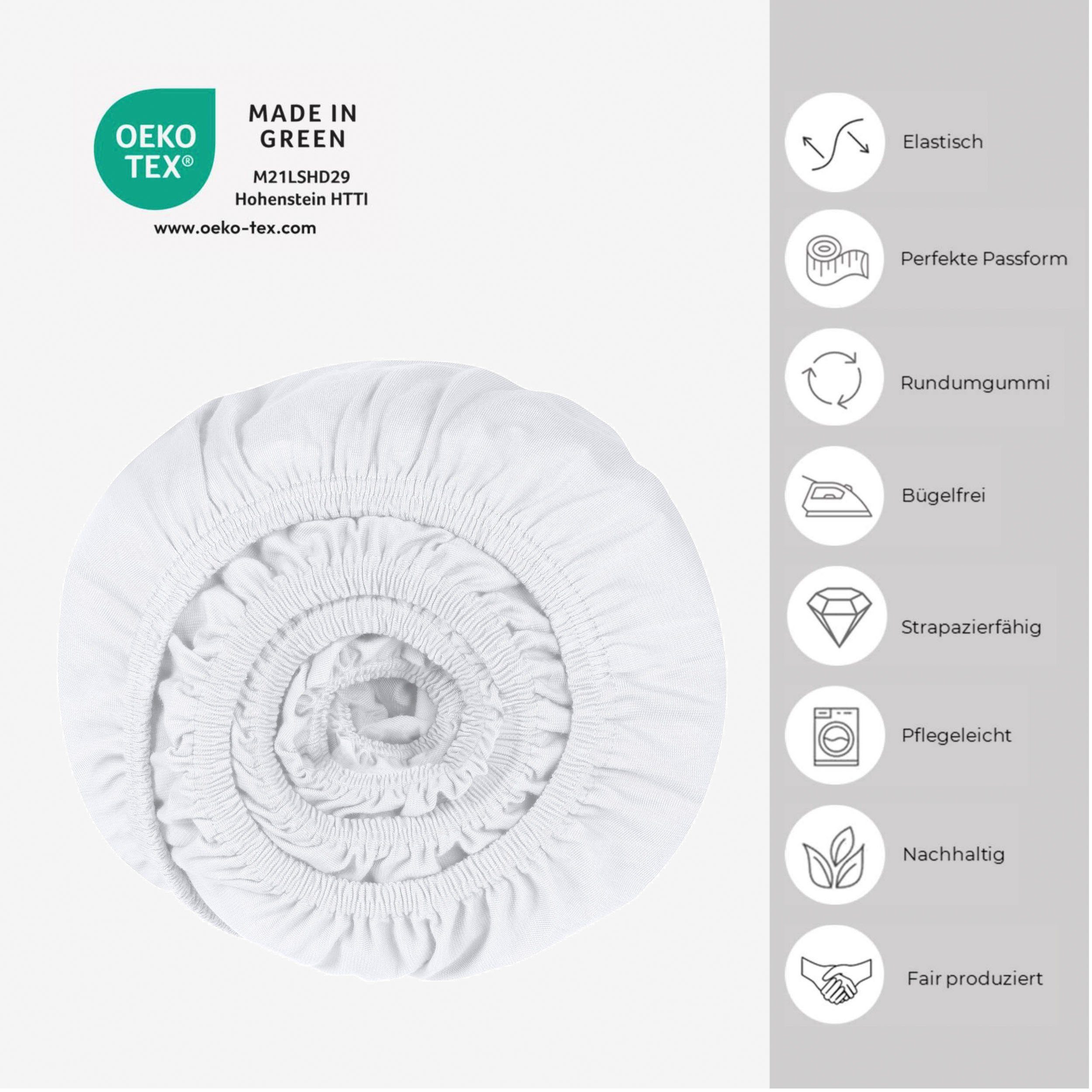 Spannbettlaken Elli aus 97% Baumwolle und 3% Elasthan, Schiesser, Jersey-Elasthan, Gummizug: rundum, (1 Stück), für hohe Matratzen und Boxpringbetten geeignet, Made in Green schneeweiß