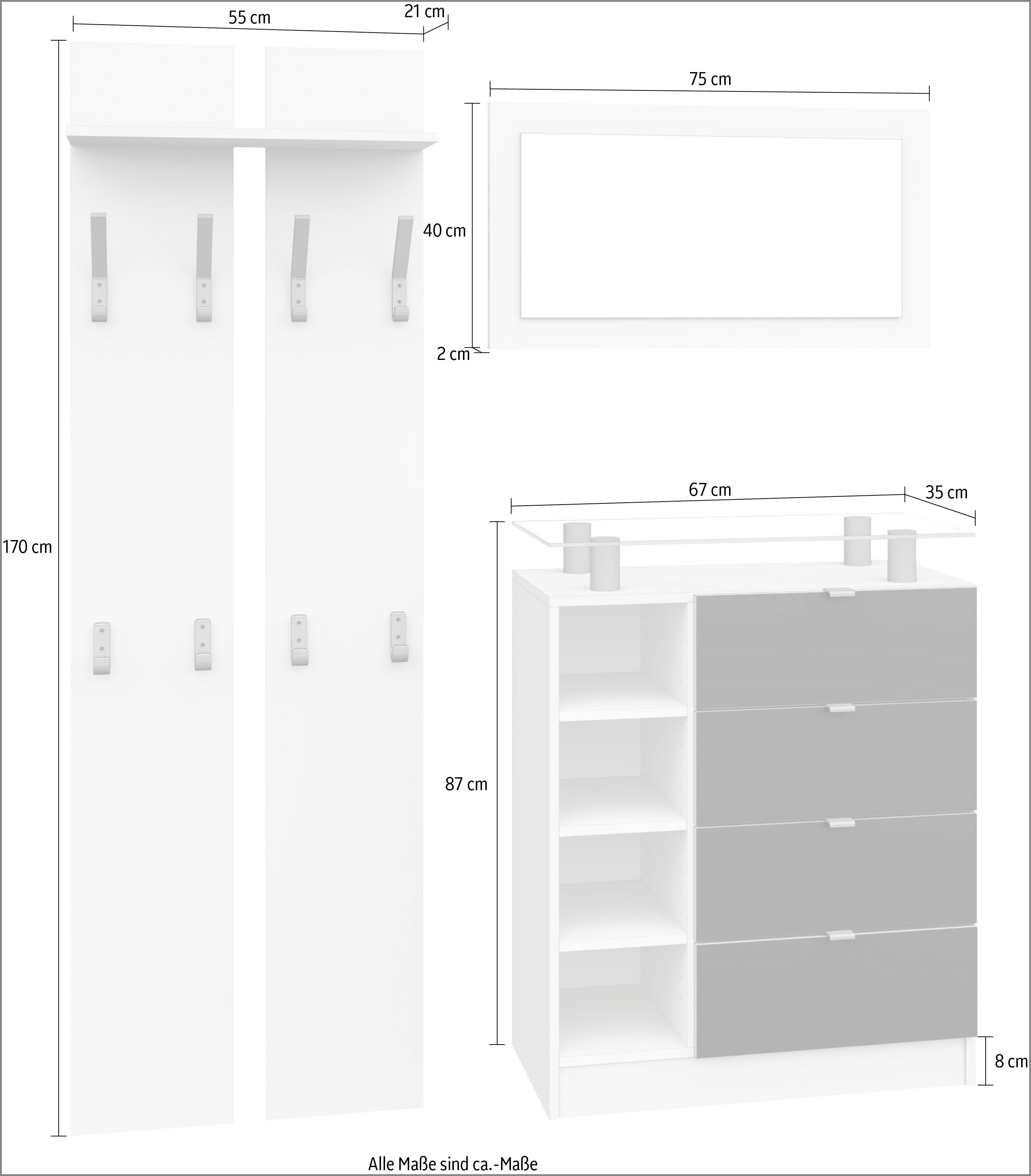 borchardt Möbel Hochglanz 3-St), mit matt/graphit Garderoben-Set Metallgriffen Dolly, (Set, weiß