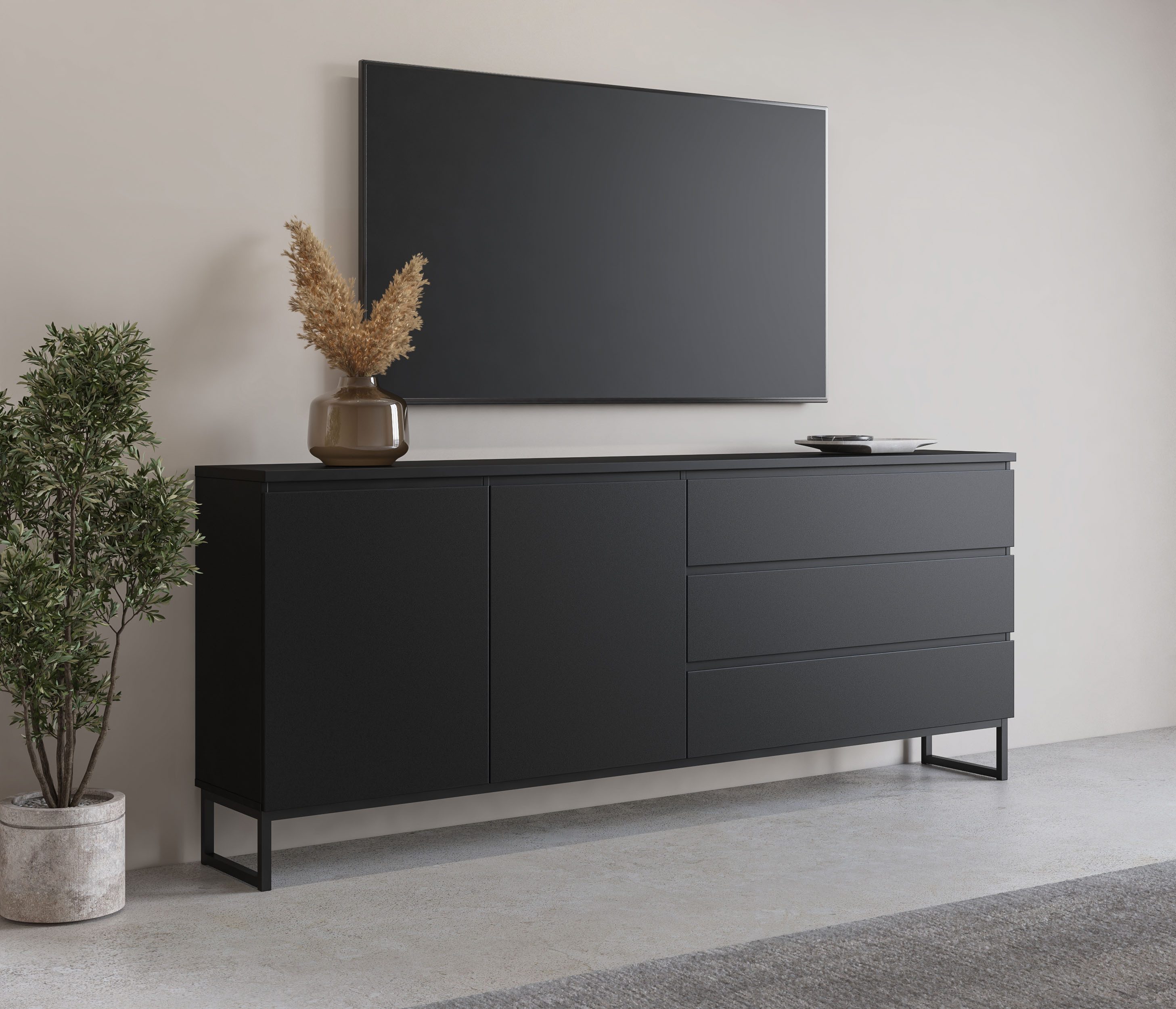 OTTO home Sideboard Modo II, Breite 200 cm, moderne grifflose Kommode 2Türen/3 SK, Schubladenkommode viel Stauraum, Einlegeböden verstellbar, Metallkufen