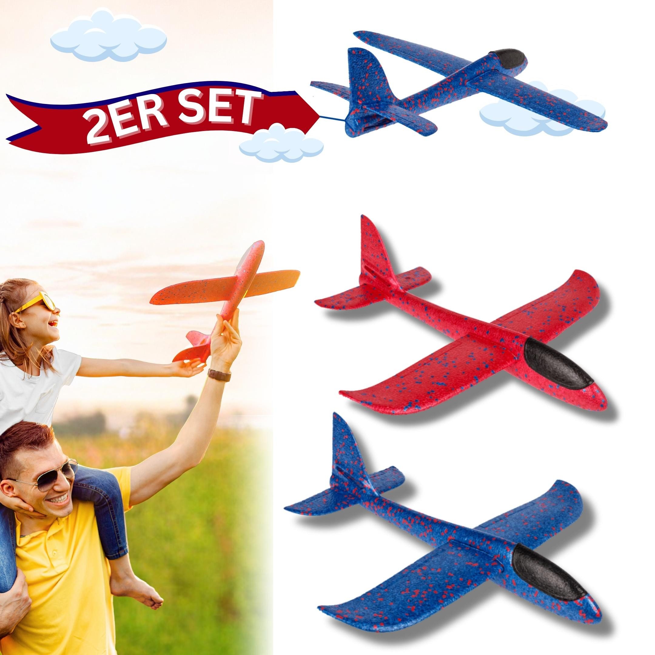 Bada Bing Spielzeug-Flugzeug XL Segelflieger Schaumstoff-Gleiter Flugzeug, (2er Set bestehend aus einem roten und einem blauen Flieger, 2-tlg., 48 cm große Wurfgleiter mit 49 cm Spannweite), Zwei verschiedene Flugoptionen