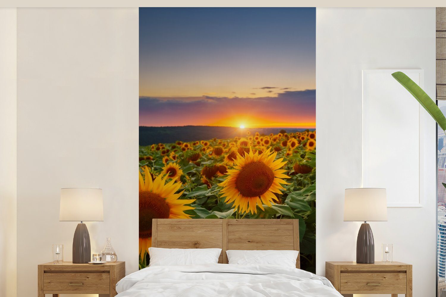 Schlafzimmer Nacht Matt, St), (2 - Fototapete bedruckt, Fototapete Blumen für Vliestapete Wohnzimmer Sonnenuntergang - - Sonnenblume MuchoWow Horizont, Küche, -