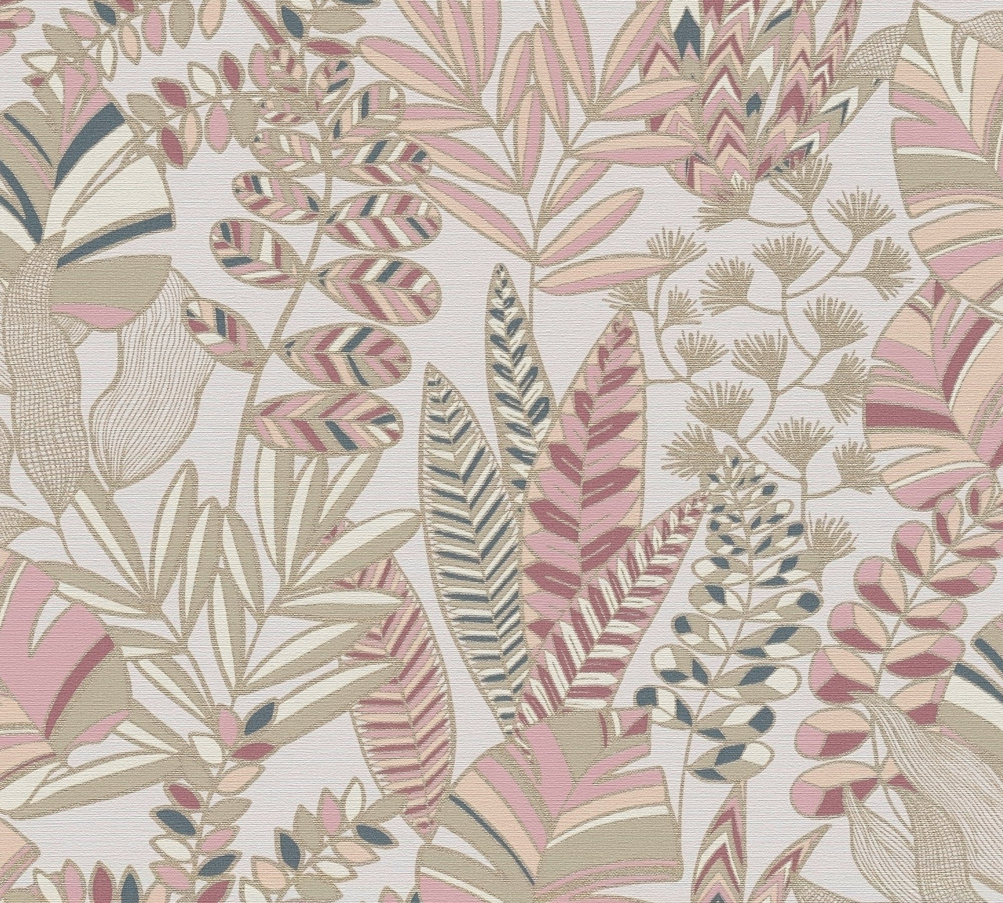 Antigua Bunt St), Création geprägt, bunt,weiß,pink Retro (1 A.S. Pflanzen Vliestapete Blättern Tapete mit Floral, matt, Tapete