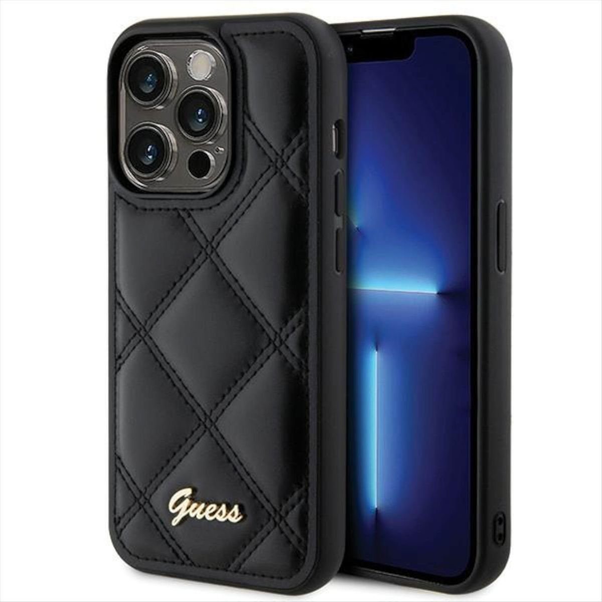 Guess Smartphone-Hülle Guess Apple iPhone 15 Pro Max Schutzhülle Quilted Metal Logo Schwarz