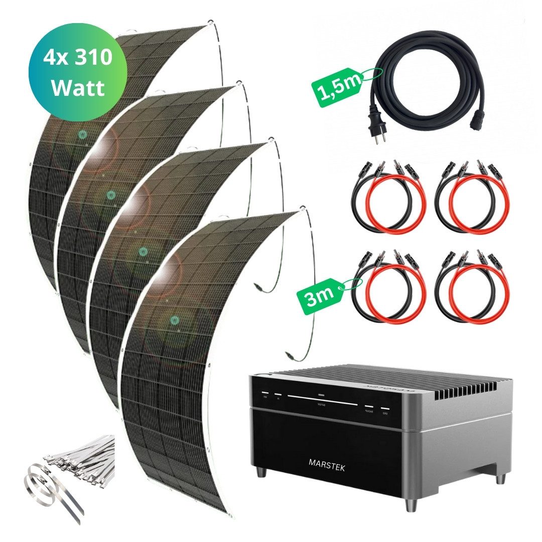 MyVoltaics Balkonkraftwerk MyUltraleicht 1240 Watt MIT SPEICHER Marstek Venus A 2,12 kWh, 1240 W, Versand 0 €, Komplettset mit 4 ultraleicht Modulen (Dicke 2 mm), (Set komplett, 5-St., plug & play steckerfertig für Steckdose und Solarmodule, erweiterbar), 800 W Netzausgang, Notstrom direkt am Speicher bis zu 1200 W