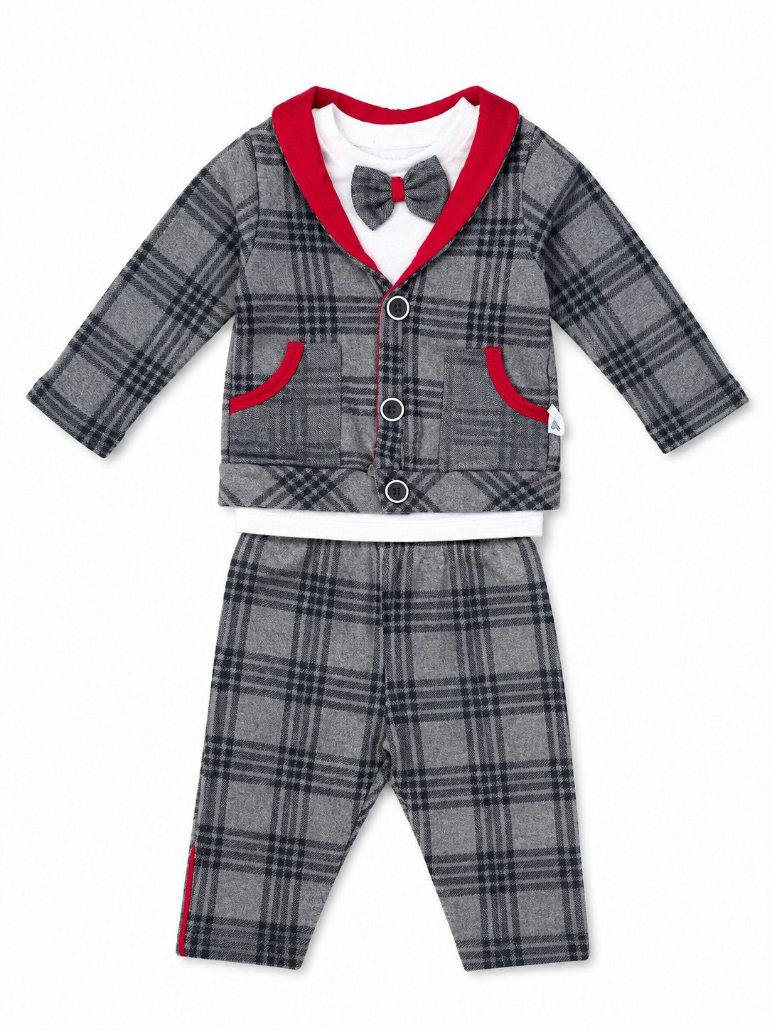 Lorey Medtec Neugeborenen-Geschenkset Babyanzug, Jungen Outfit, Jacke Hose Langarmshirt Fliege Kariert (Langarmbody + Hose + Mütze) – Bild 2 von 2