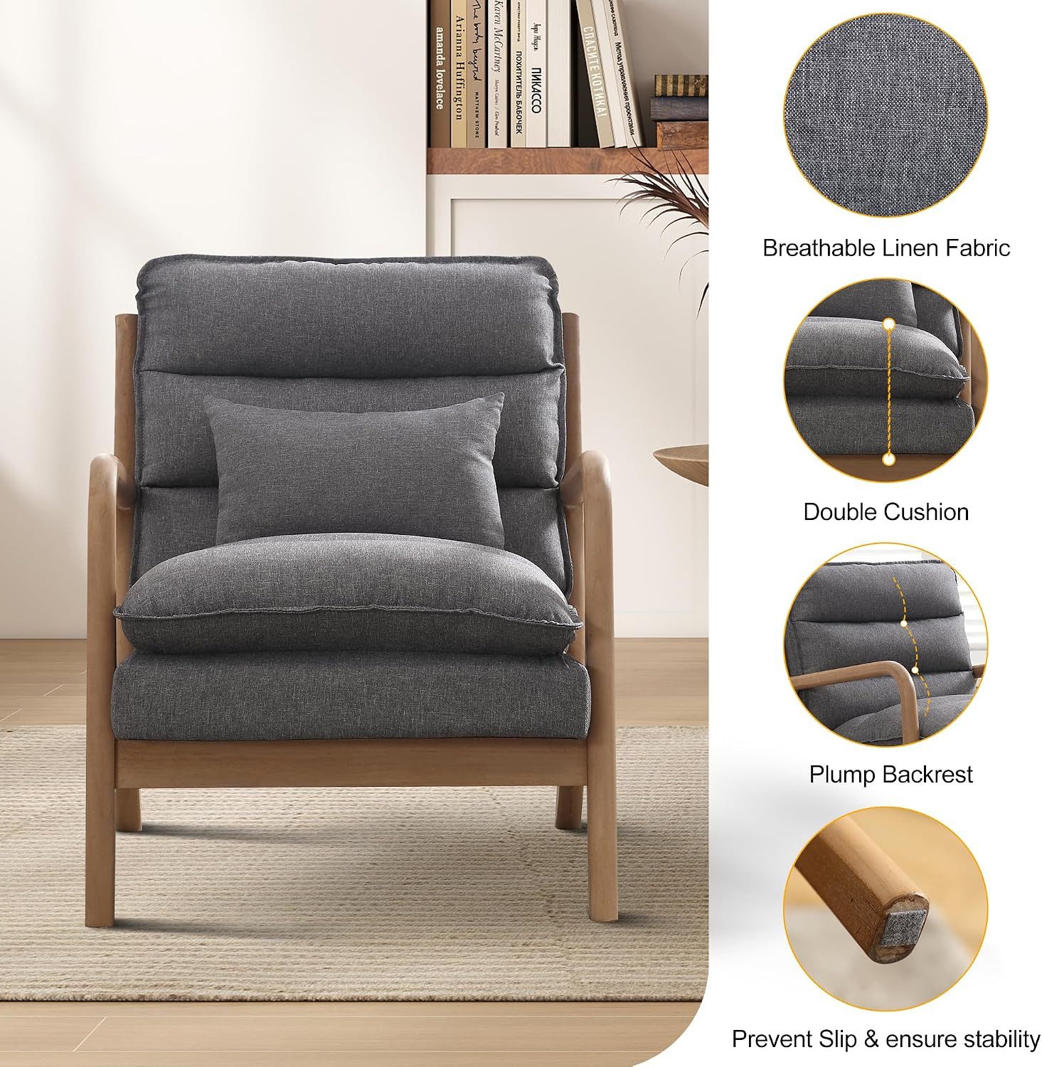 CANMOV Relaxsessel Sessel mit Kissen, Loungesessel mit hoher Rückenlehne, Einzelsessel (2-St), Natürliches Holz, Liegestuhl mit Armlehne und Kissen, für Wohnzim – Bild 5 von 5