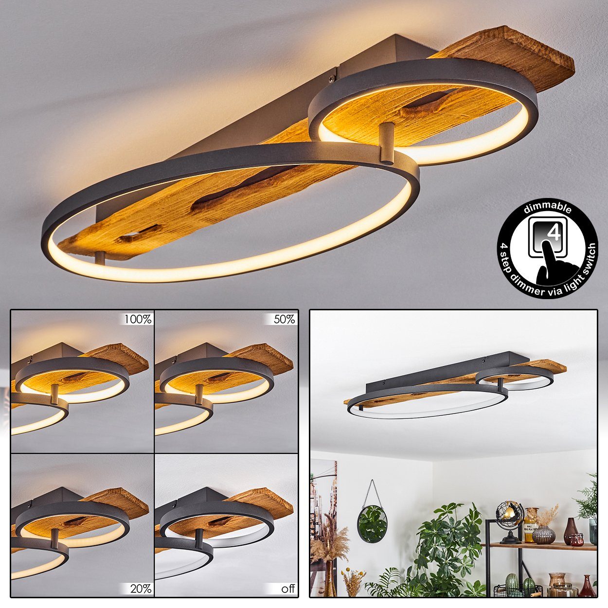 hofstein Deckenleuchte Deckenlampe aus Metall/Holz/Kunststoff in Anthazit/Natur/Weiß, LED wechselbar, 3000 Kelvin, dimmbar über Lichtschalter, 3600 Lumen, LED 30 Watt