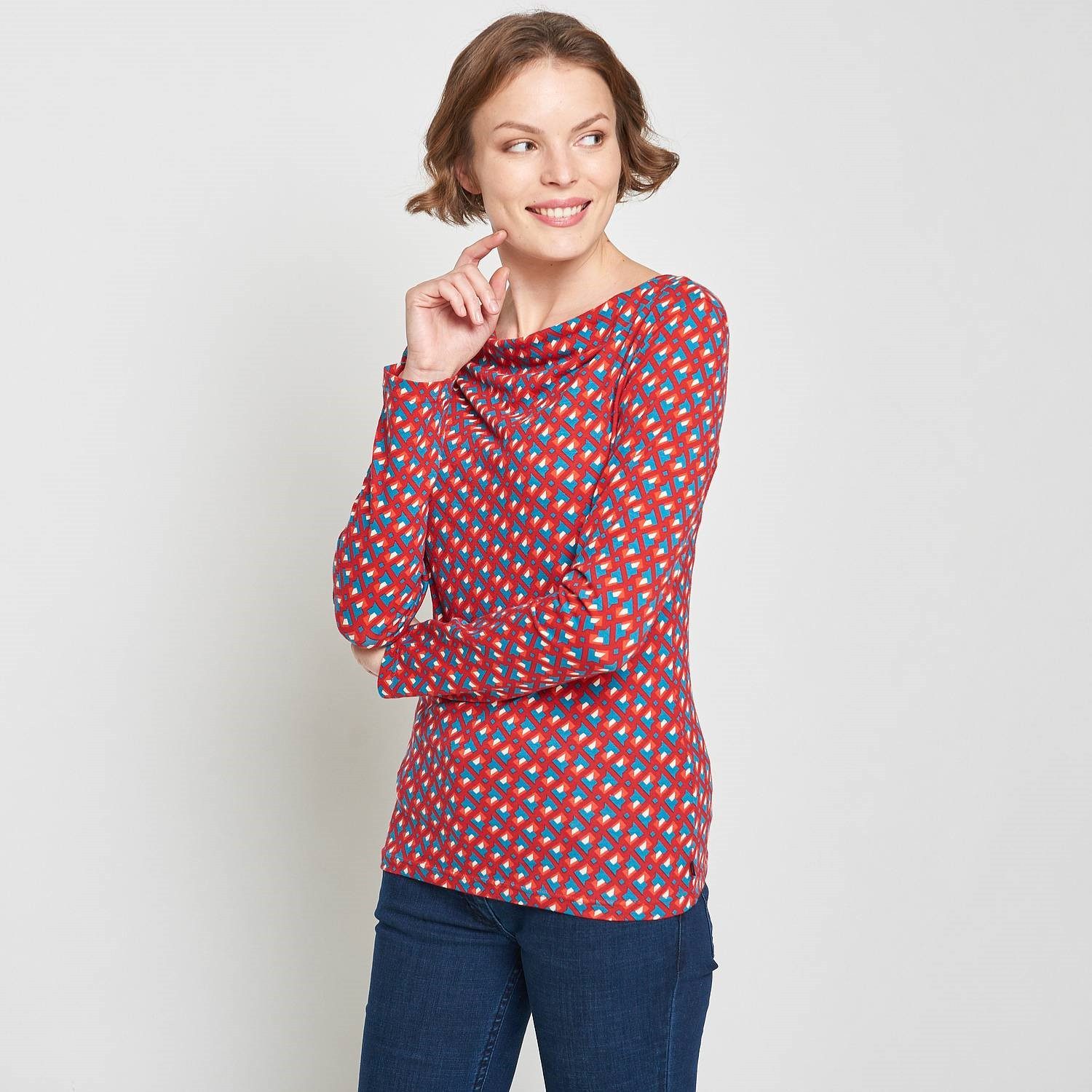 Tranquillo Top & Langarmshirt Rot Print Bio Baumwolle Elasthan XS schmale Passform