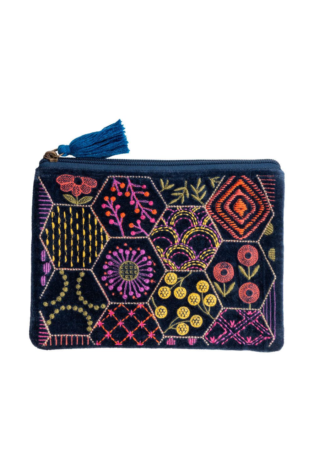 Tranquillo Aufbewahrungstasche aus Bio-Baumwolle BLOOM ART 21x15 cm bunt mit robustem Reißverschluss, Samttäschchen mit farbenfroher Stickerei, geräumiges Design