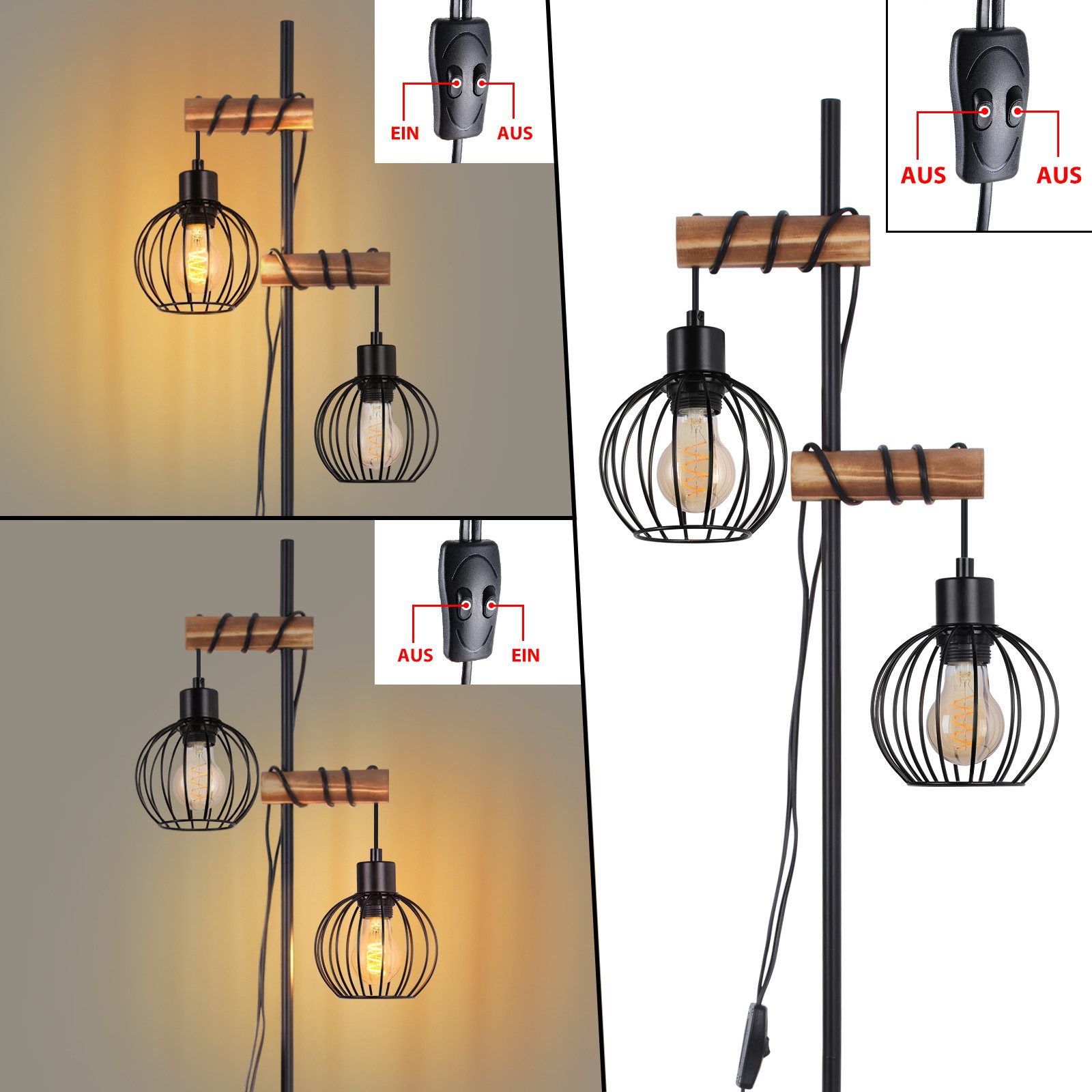 ZMH Stehlampe Wohnzimmer Holz Retro 1/2/3-flammig Stehleuchte E27 Schlafzimmer, Vintage-Standleuchte mit Metall-Käfigschirm, ohne Leuchtmittel, Metall & Holz,Lä – Bild 5 von 5