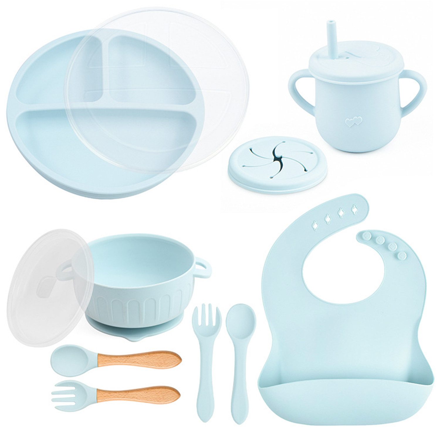Refined Living Детская посуда-Set 11-tlg Silikon Baby Geschirrset Rutschfest mit Saugnapf Esslernbesteck (11-tlg), Baby Тарелки Ложки Gabel Schüssel Lätzchen Trinklernbecher mit Крышки