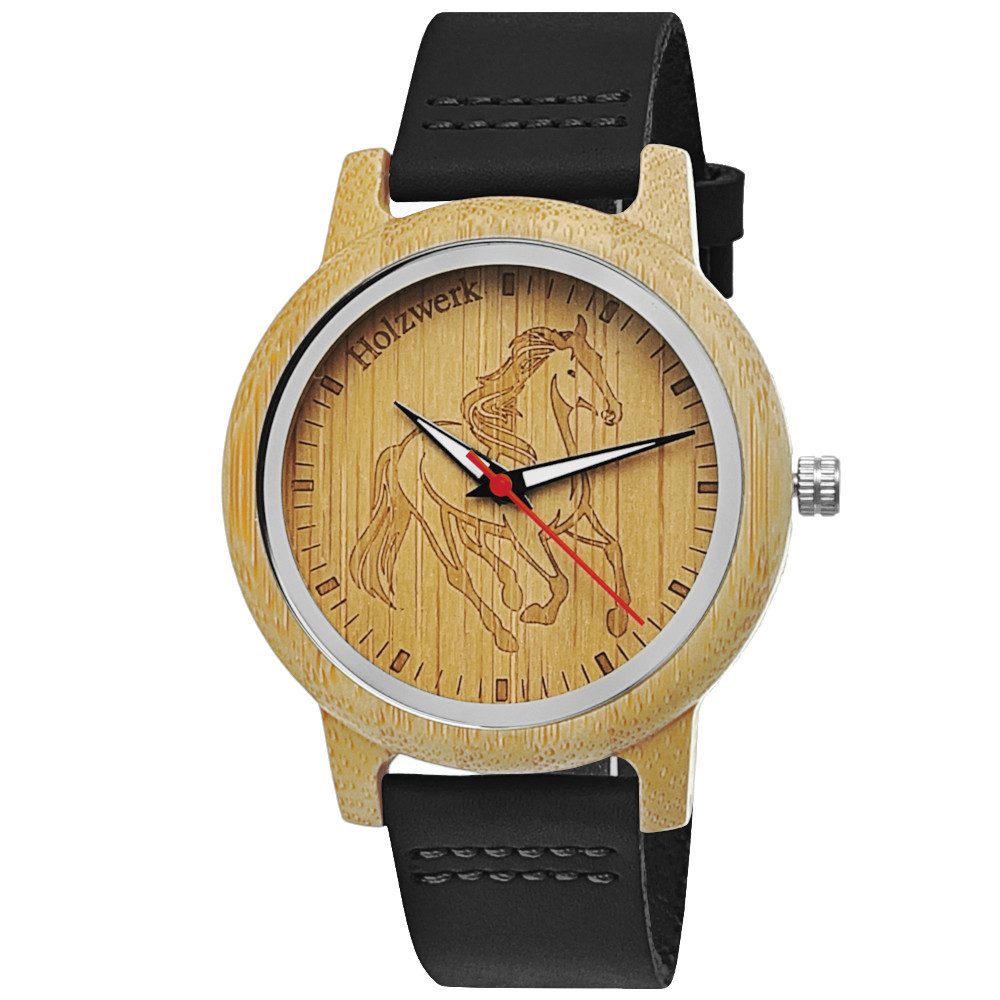 Holzwerk Quarzuhr TORI BLACK Damen Leder & Holz Uhr mit Pferd Motiv in schwarz, beige