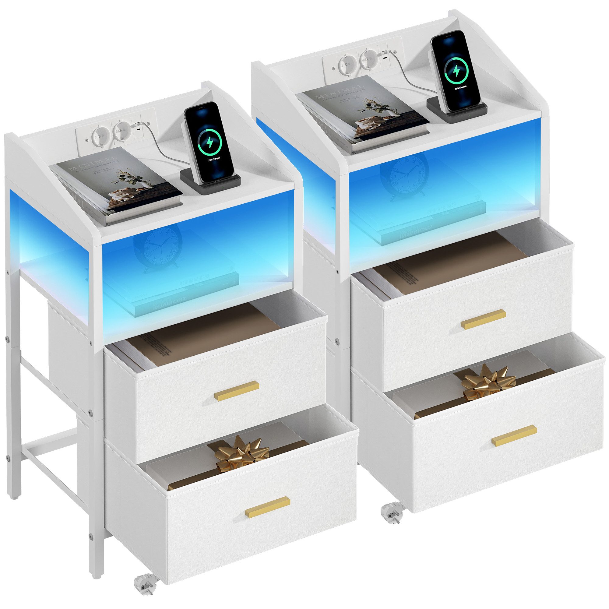 HZUANERI Nachttisch mit LED-Licht USB-Anschlüssen Steckdosen 2 Stoffschubladen und Regalen (2-St), für Schlafzimmer, Wohnzimmer
