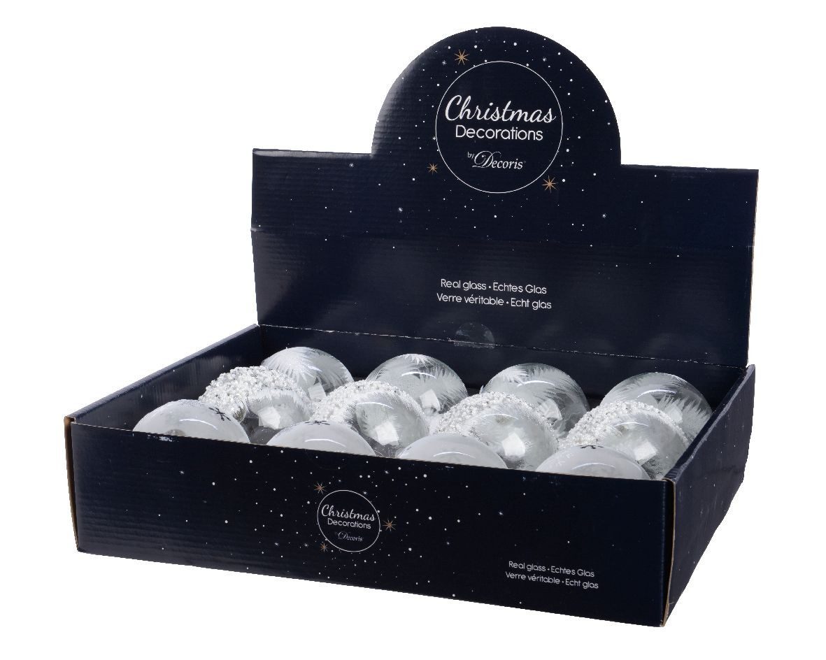 Kaemingk Weihnachtsbaumkugel, Weihnachtskugeln Glas mit Motiv gefüllt 8cm klar / weiß, 12er Set