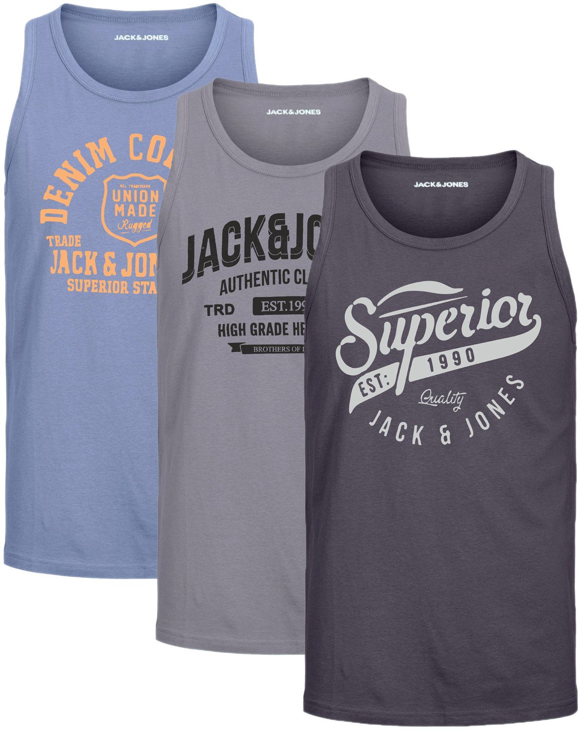 Jack & Jones Tanktop (3er-Pack) in unifarbe, mit Rundhalsausschnitt, mit Print vorne Chinablue-OPT2