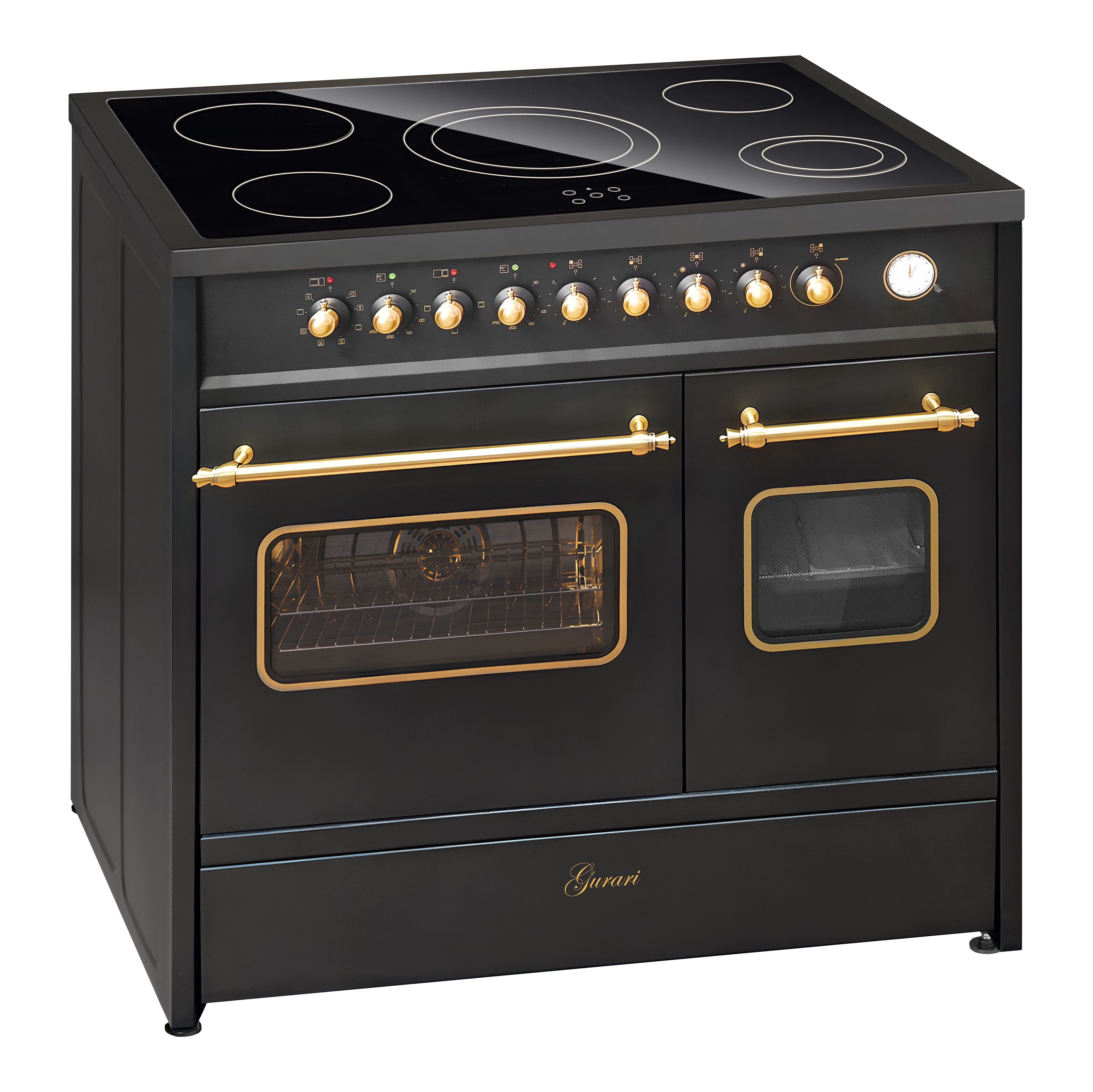 GURARI Elektro-Standherd 90 cm, Doppelbackofen, Schwarz, Nostalgie Herd GCH E 912 DF BL r., mit 1-fach-Teleskopauszug, Elektro Standherd 90 cm, Doppelbackofen, Schwarz, Nostalgie Herd