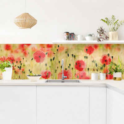Bilderdepot24 Küchenrückwand grün dekor Blumen Wandpaneel Küche Summer Poppies Wandverkleidung, (1-tlg., Nischenrückwand - für Fliesenspiegel ohne Bohren - matt), Spritzschutz Rückwand Küche Herd - Folie selbstklebend versch. Größen