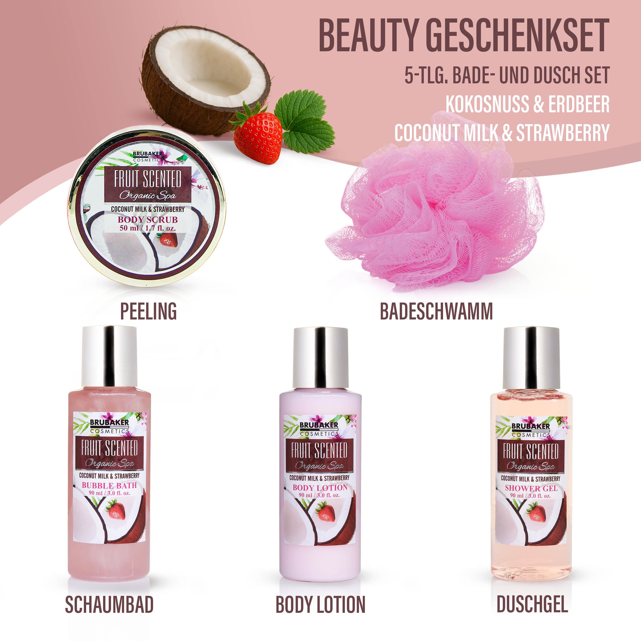 BRUBAKER Pflege-Geschenkset Badeset mit Erdbeeren & Kokosnuss Duft, Beauty Geschenkset, 5-tlg., Frauen Geschenk Set in Sichtfensterbox, Beauty Pflegeset für Dam – Bild 4 von 5