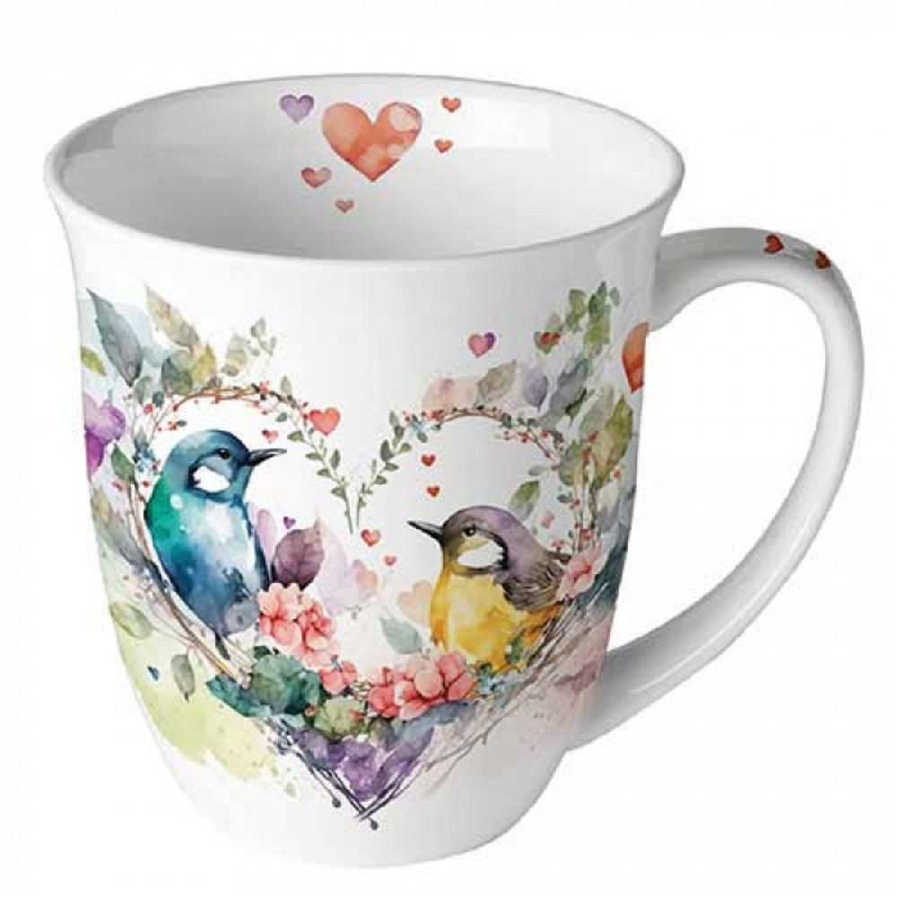 Ambiente Luxury Paper Products Becher Hochzeit, Valentinstag, Muttertag, Blumen, Pflanzen, Tiere, 1-tlg., Porzellan Tasse, Liebe, Vögel, Blumen, Herzen, Vögel, Feundschaft Motiv, Tee, Kaffee Tasse, Kollektion, Geschenke, Tischdeko