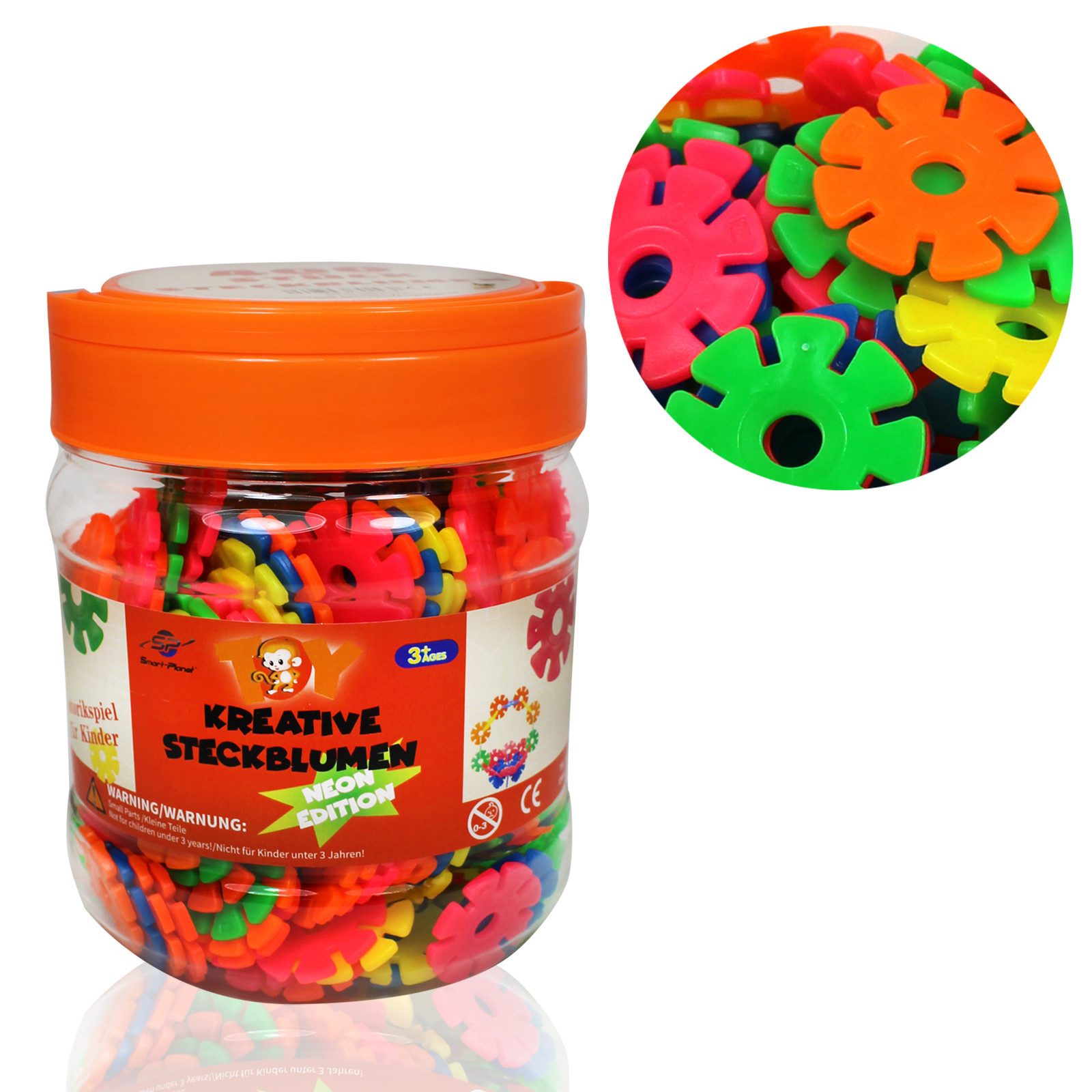 Smart-Planet Steckspielzeug NEON Steckblumen in Dose - Schneeflocken zum Stecken 3,3 cm Kinder, (400-tlg), Montessori Spielzeug Lernspielzeug Steckbausteine Stecksteine