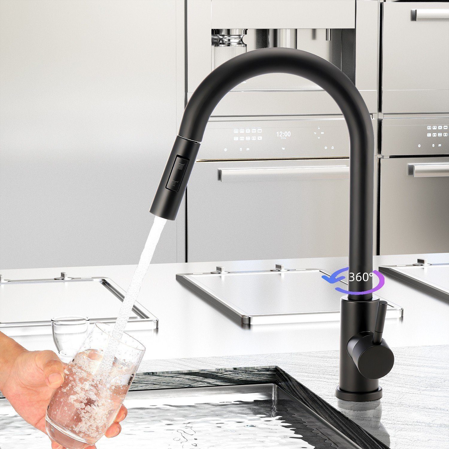 OULENBIYAR Küchenarmatur Hochdruck Küchenarmatur mit Ausziehbare Brause Ausziehbar Armatur Wasserhahn Küche, 360° Schwenkbar Zwei Sprühfunktionen, Edelstahl